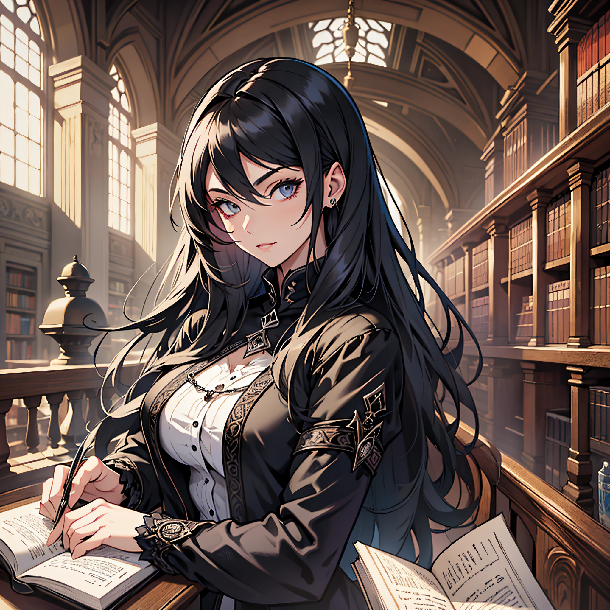 Beautiful woman (use my photo) black gothic clothes with grimoire in hand studying in the old library --auto --s2