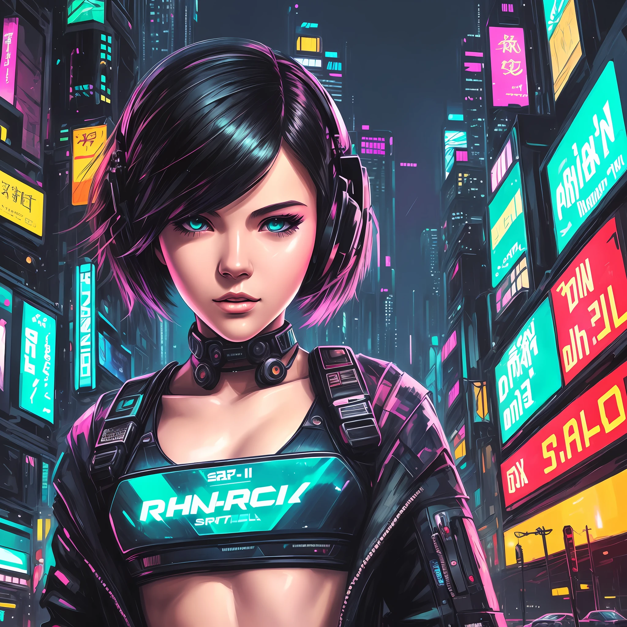 oil paint, semi-realistic girl, short hair, cyberpunk style, futuristic,neon city, complex details, drawing, dark, dark, night scenery, flying cars, chinese license plates --auto --s2