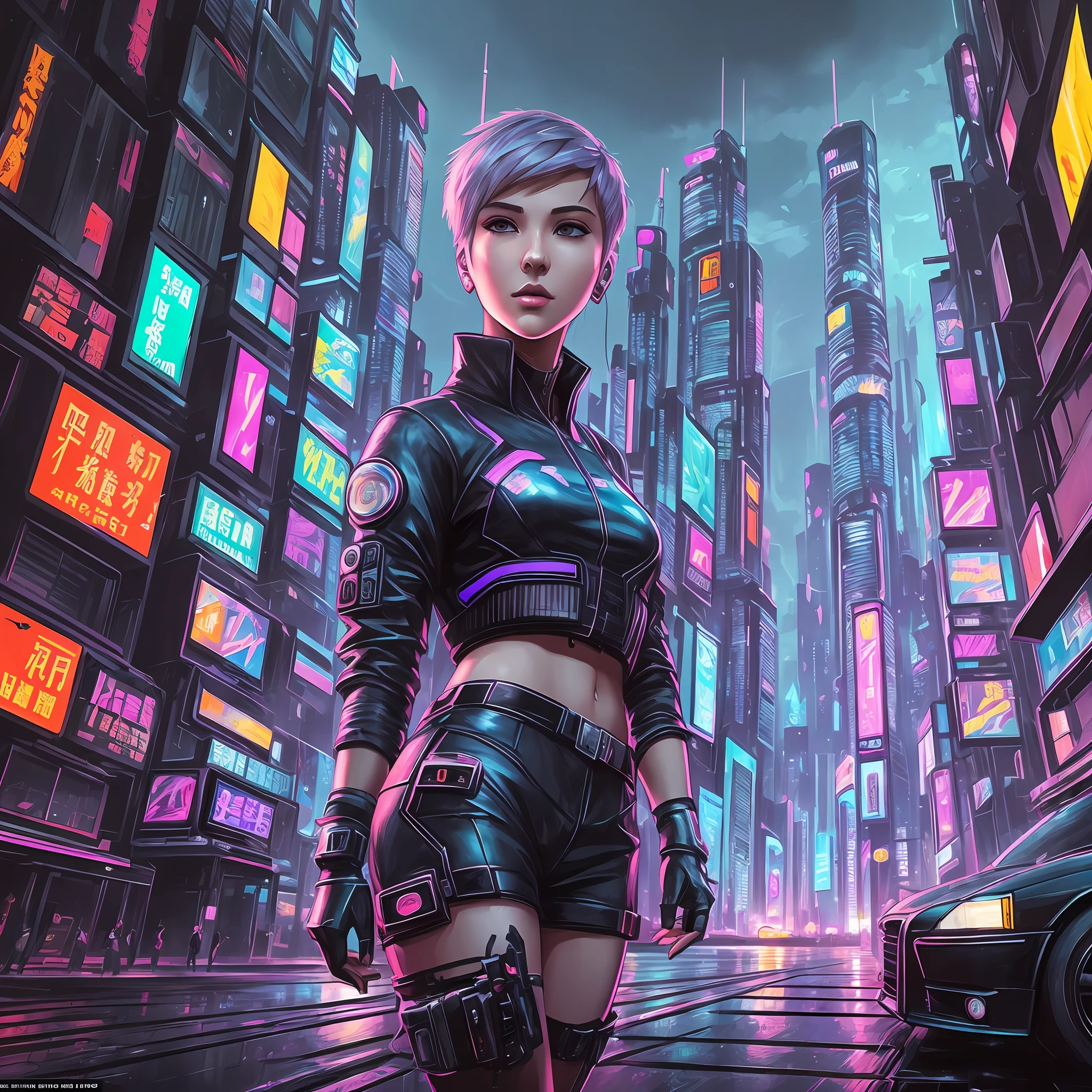 oil paint, semi-realistic girl, short hair, cyberpunk style, futuristic,neon city, complex details, drawing, dark, dark, night scenery, flying cars, chinese license plates --auto --s2