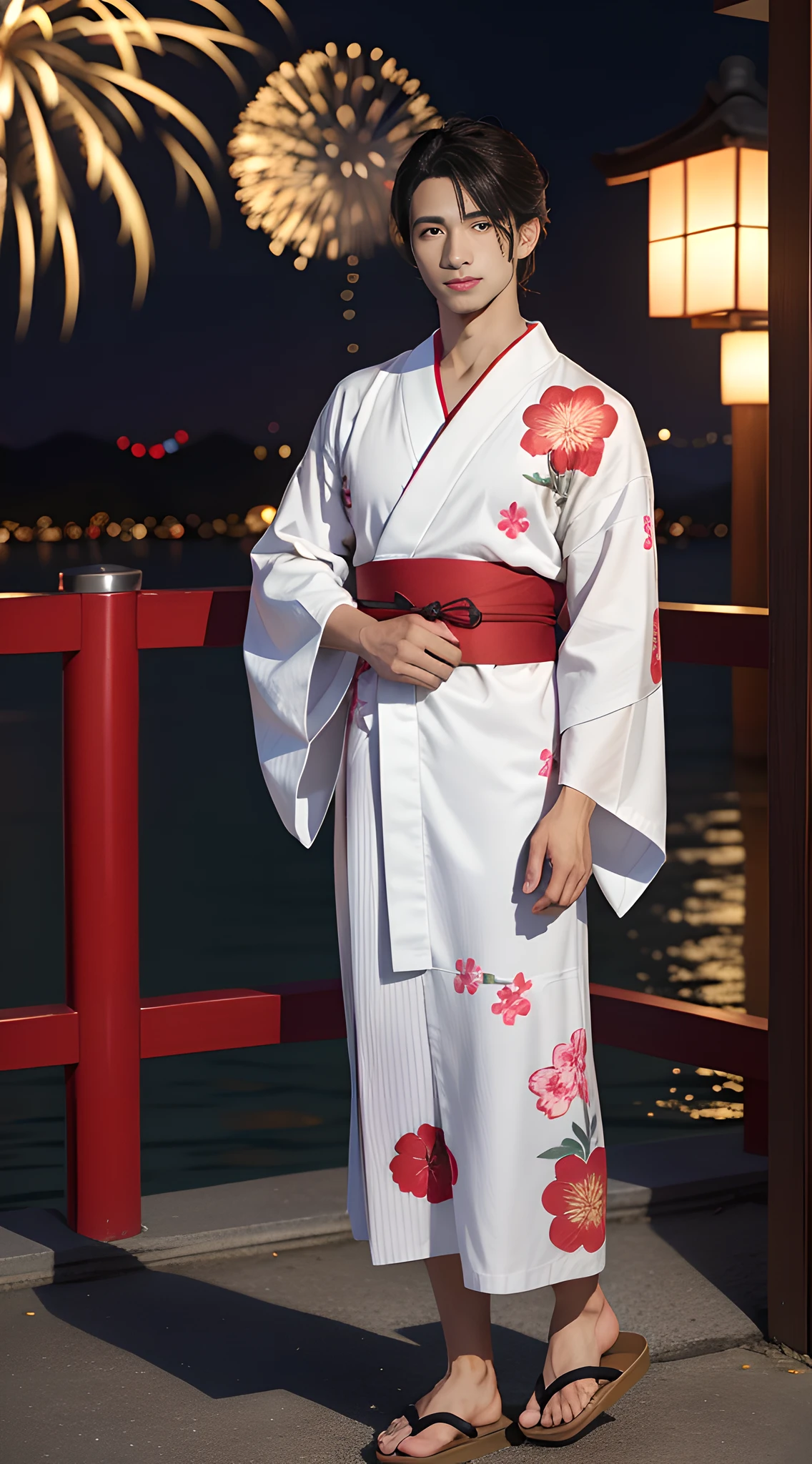 (head shot), (in his 30's of age), one tanned tall handsome muscular man in his 30's, wearing red Japanese YUKATA, A men's yukata is a casual Japanese summer garment. It is typically made of lightweight cotton or linen fabric and has a loose, kimono-style design. The yukata is worn by men for various occasions, such as summer festivals, fireworks displays, or relaxing at traditional hot spring resorts. It features a simple, straight-cut silhouette, with wide sleeves and a wraparound style secured by a narrow belt called an "obi." Men's yukata designs often incorporate traditional patterns, such as stripes, geometric motifs, or nature-inspired prints. When wearing a yukata, men may pair it with geta sandals and complete the look with a simple accessory like a folding fan. The yukata provides a comfortable and stylish option for men to enjoy the summer season in Japan. many fireworks in the background, mischievous smile, (high detail:1 1)、big male genitals under bikini, Natural muscle、highly quality、beautiful eye、(detailed face and eyes)、(faceless:1 2)、noise、real photo、...PSD、sharp focus、high resolution 8k、Realistic and professional photos、8K UHD、soft lighting、highly quality、film grain、Fujifilm XT3