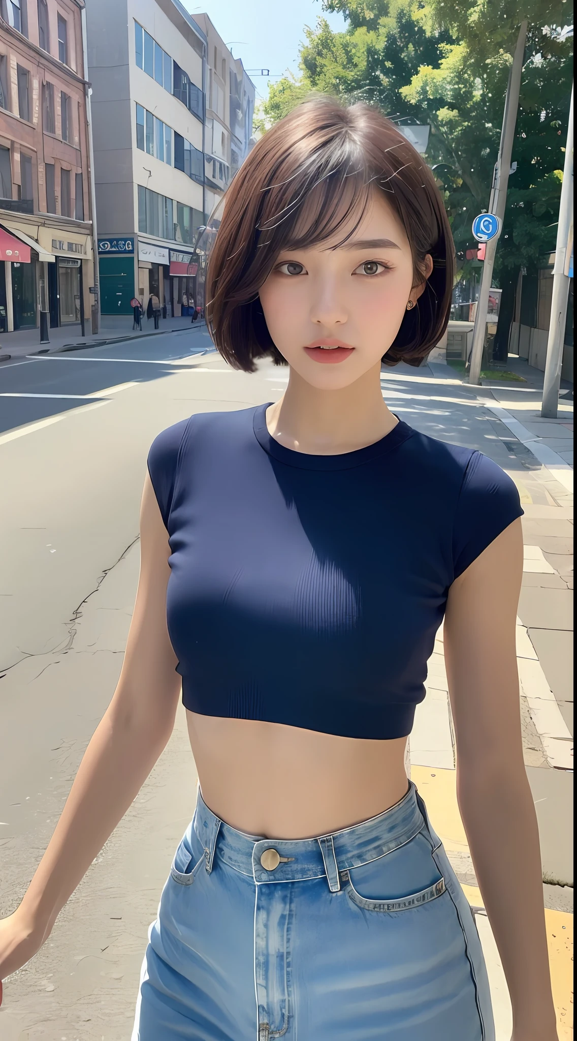 ((Best Quality, 8K, Masterpiece:1.3)), 1girl, Slim Abs Beauty:1.3, (Short hairstyle, ), Upper shirt Lower skirt: 1.1, Super fine face, Detailed eyes, Double eyelids, Street view,