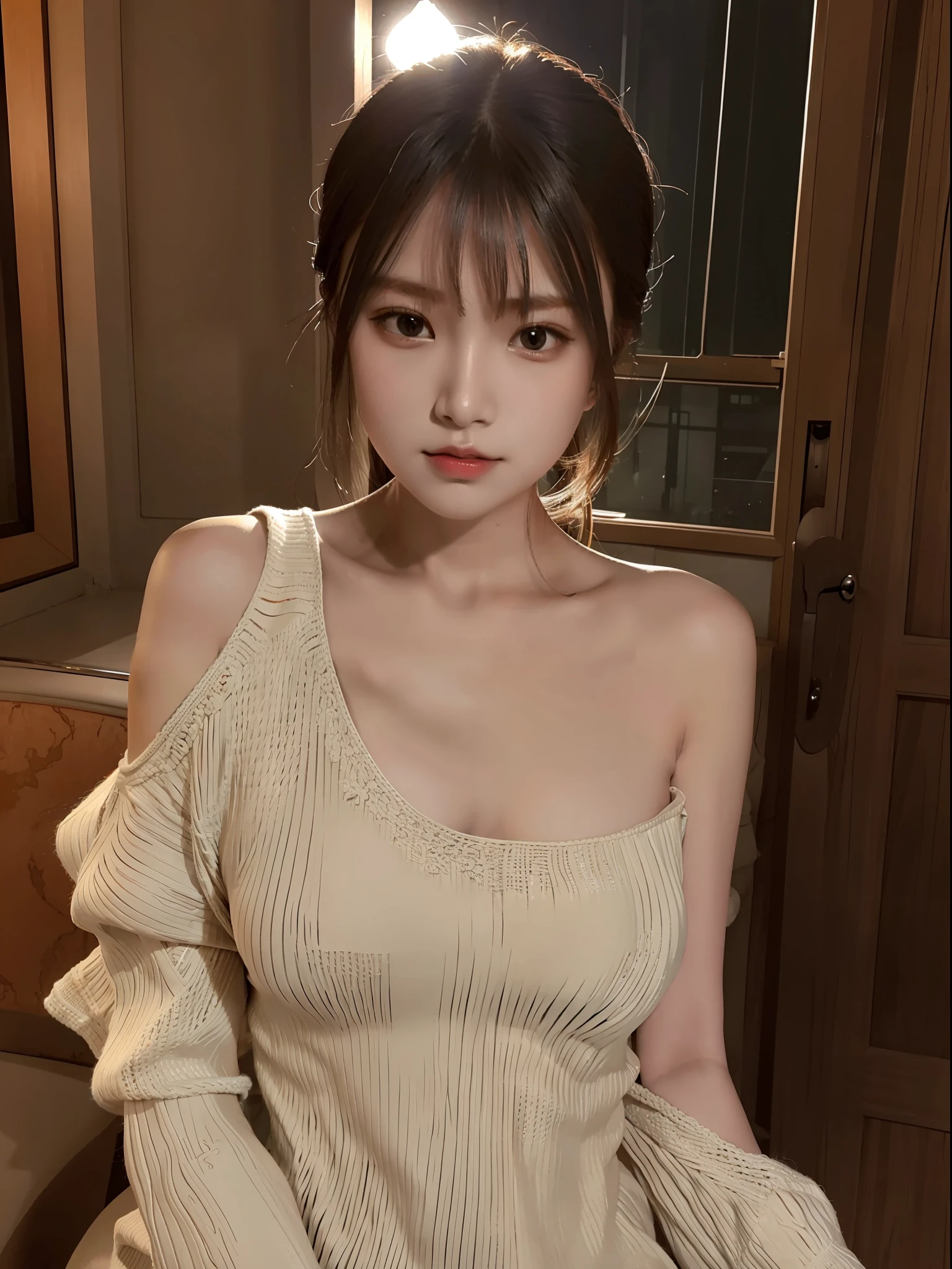 1 girl, bare shoulder, faint smile, shiny skin Best quality, masterpiece, (Realistic: 1.4), knitted watermark, large, dark, night, orange Pale lighting, shadow, shadow, low light