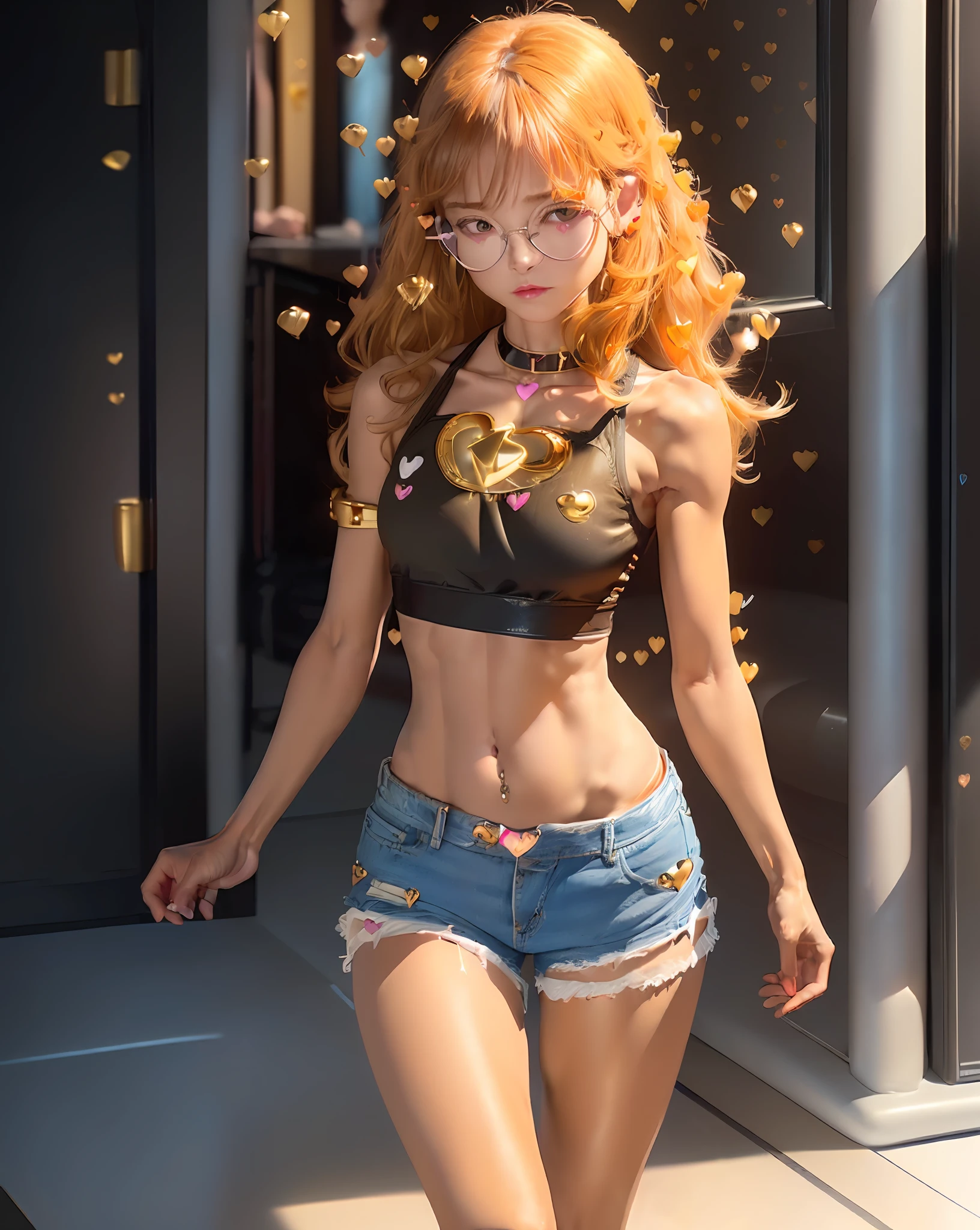 ((medium chest marked on clothing)), tomboyish girls, small head)), (chiselled abdomen: 1.1), (perfect body: 1.1), (wavy blonde hair: 1.2), shiny silky hair, collar, chain, watch, black bracelet, full body photo, ((((gold-framed glasses))) sexy body, (((((little heart pircing in the navel))))), (((transverse pircing in the left ear)), strong light, enhancement of body curves, dark background,  wearing black tank top, denim jacket, ((shorts)), black fitness bra ((white jean shorts)), (extremely detailed CG 8k wallpaper), (an extremely delicate, beautiful and sexy masterpiece), (best quality: 1.0), (high resolution: 1.0), beautiful lighting, perfect lighting, realistic shadows, [highres], detailed and ultra-detailed skin (((color))) (((super detailed body)