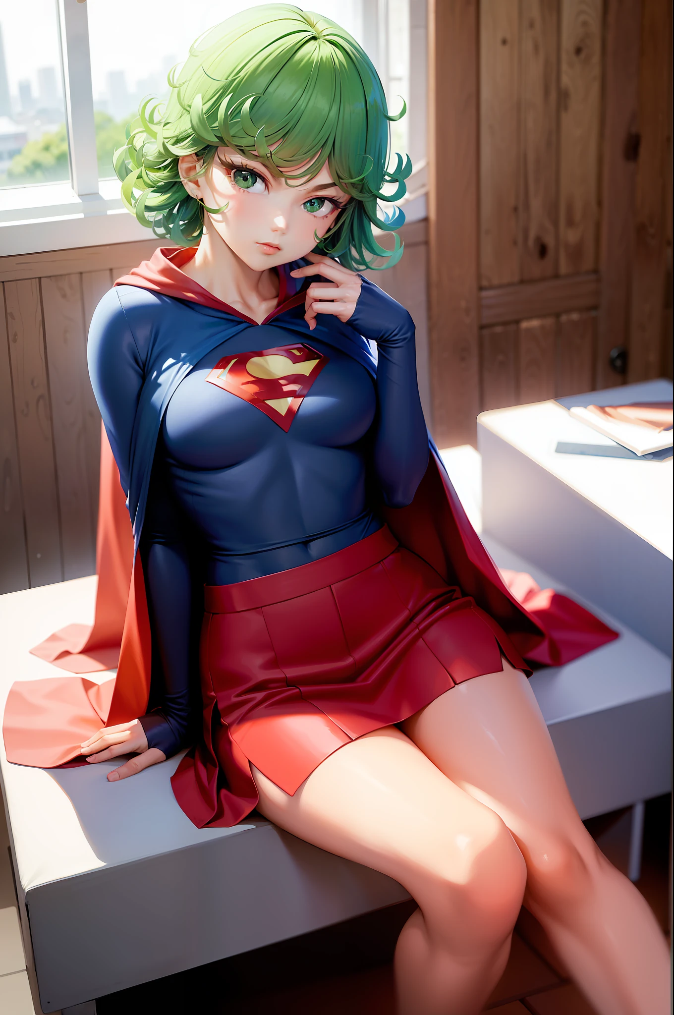 (Masterpiece, Best Quality:1.2), solo, 1girl, tatsumaki, unamused, closed mouth, looking at viewer, hand on our face, sitting, she wears a full Superman suit, a full suit, (red short skirt), a blue-black top, a red cape, Superman, a capital letter on her chest, flying in the air