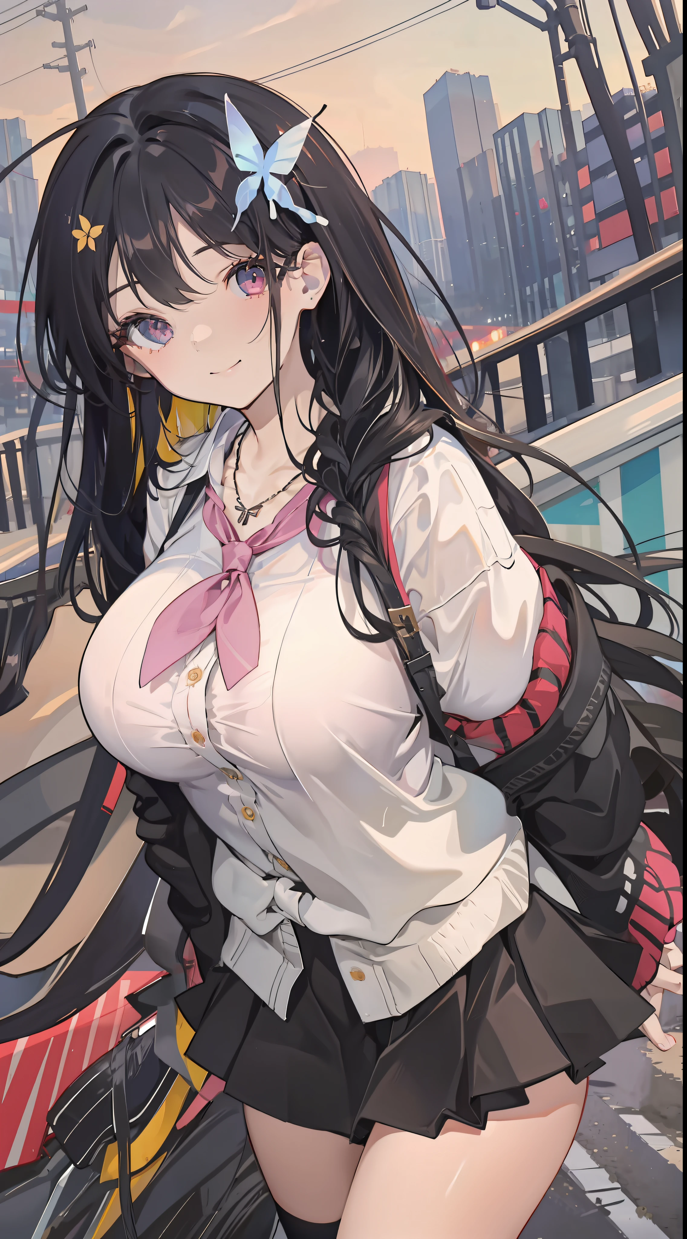 masterpiece, best quality, against backlight at dusk, on a hill, game_cg, girl, very long hair, black hair, colored inner hair, straight hair, side braid, bangs, hair over breasts, hair flower, butterfly hair ornament, cute face, gradient_eyes, beautiful detailed eyes, looking at viewer, seductive smile, half-closed eyes, huge breasts, miniskirt, school uniform, white kneehighs, shoes , necklace, hand on own chest, turning around, leg_lift,