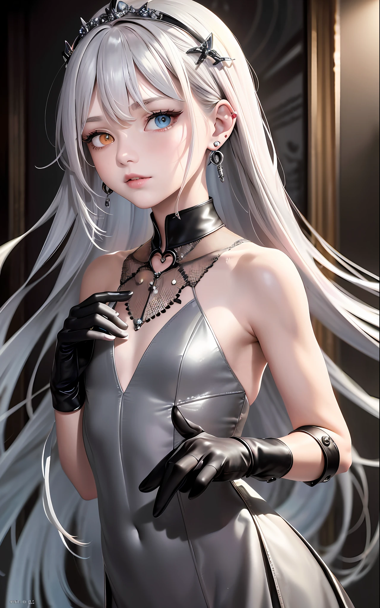 Best, Masterpiece, High Resolution, Best Quality, Ultra HD, Super Detail, Award-Standing, 16k, (Upper Body), Beautiful Maiden, Gray Hair, Hair, ((Heterochromia)), Hanging Corners, Fair Skin, (Small), (Slim Body), ((Military Dress)), Stud Earrings, (Neck Rings), (Short gloves with optimal ratio of four fingers and one thumb)