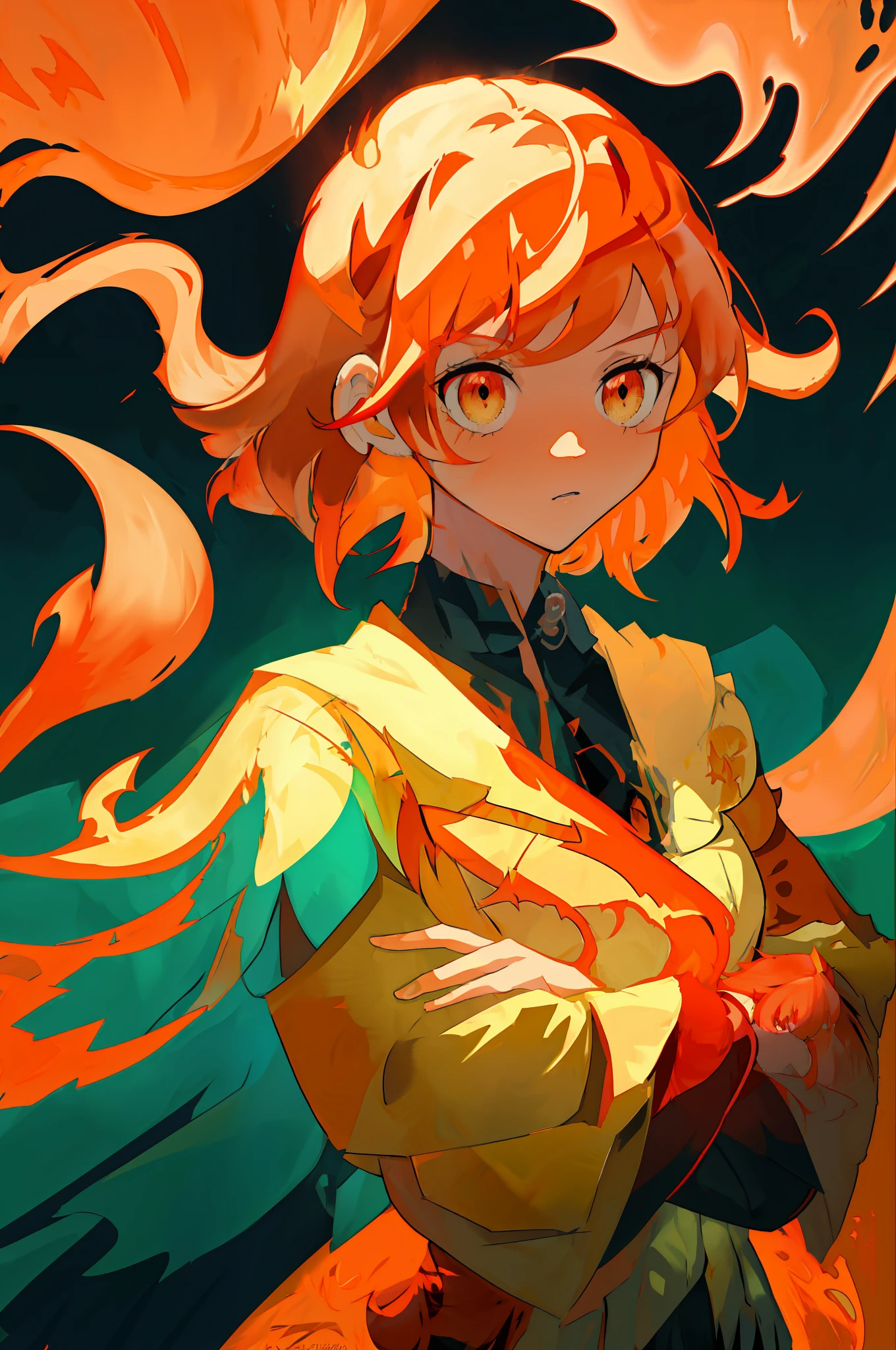 anime girl with red hair and orange hair holding a red book, demon slayer rui fanart, phoenix-inspired, demon slayer artstyle, she has fire powers, fire mage, brittney lee, fiery coloring, digital anime illustration, advanced digital anime art ”, official artwork, official art, fire hair, flaming hair, orange - haired anime boy, zerochan art, fiery bird