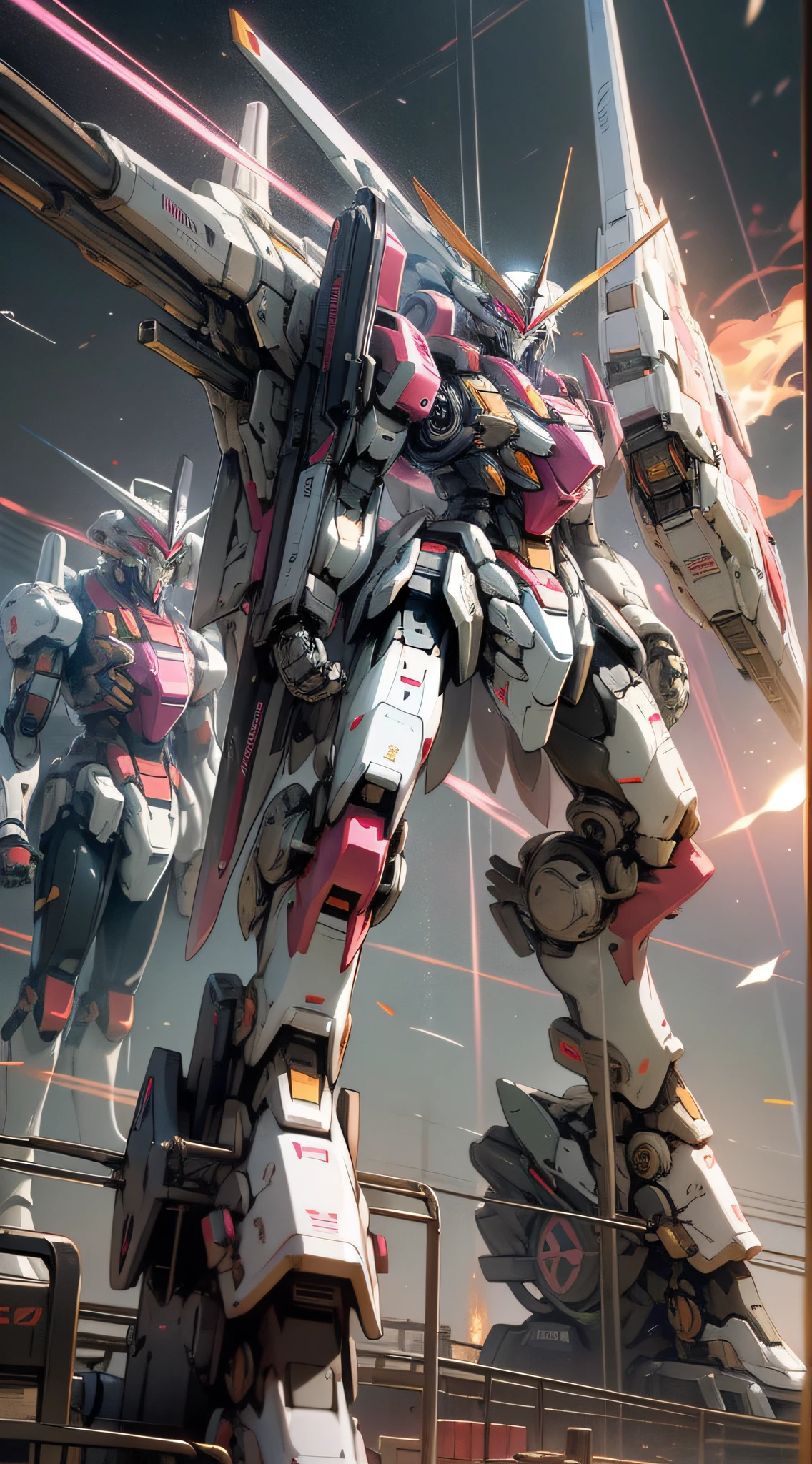 surrealism, ray tracing, realistic, ultra hd, high detail, 32k, best quality, textured skin, gundam mech, flight, funnel, pink theme, mecha ship, masterpiece, best quality, mecha, unmanned, (full body), (black mech: 1.8), (axisymmetric: 1.4), (HDR), (cinematic light: 1.1), white eyes, cool, science fiction, fire, universe, oversized shield, mecha man overlooking the earth background, laser cannon beam, war, conflict, Weapons in the hand (with huge weapons: 1.5),