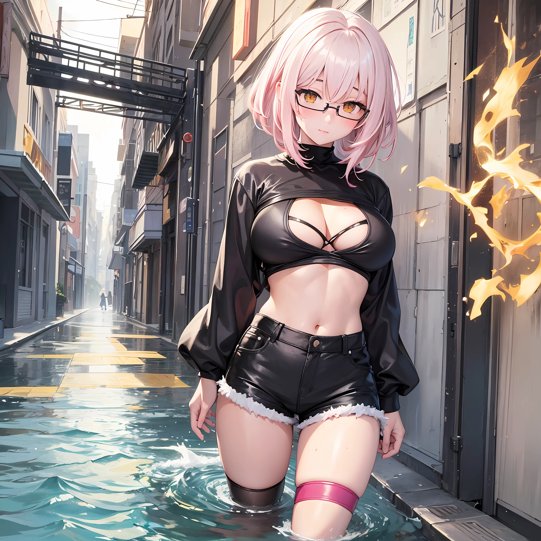 Full body, Short hair, white hair, hair falling in strands with tip at the end, pink gradient hair towards artiba, yellow eyes, glasses, big tits, breasts, no bra, formal shirt, open shirt, shirt out of pants shorts and torn, big ass, big thighs, big hips, muscular girl, dynamic angle, blushing, black tights to the mules, tight shorts, tight shorts, wet, wet clothes --auto --s2