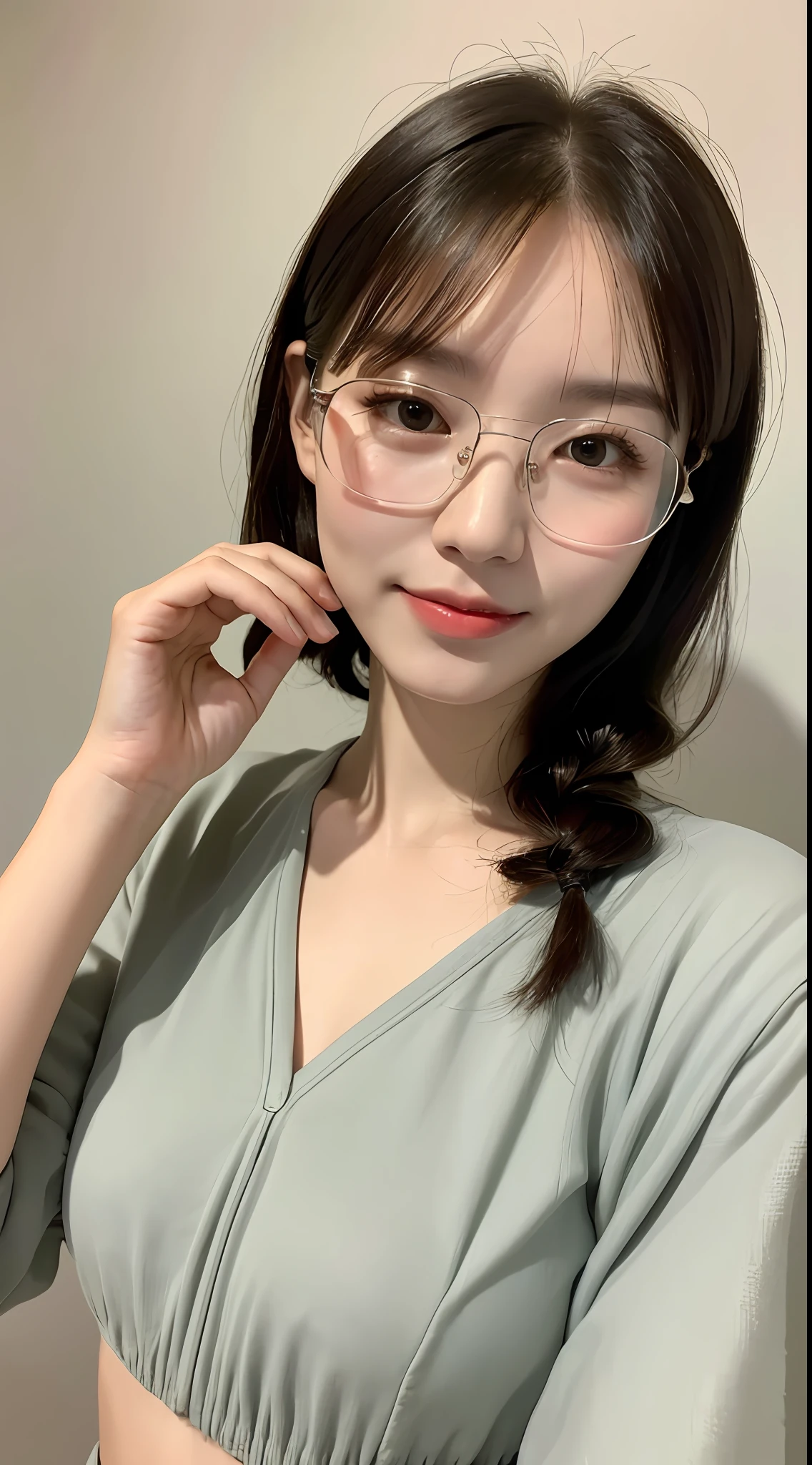 ((Best Quality, 8K, Masterpiece: 1.3)), 1 Girl, Slim Abs Beauty: 1.3, (Hairstyle Casual, Big: 1.2), Dress: 1.1, Super Slender Face, Delicate Eyes, Double Eyelids, Smile, Home, Black Rim Glasses, Gentle
