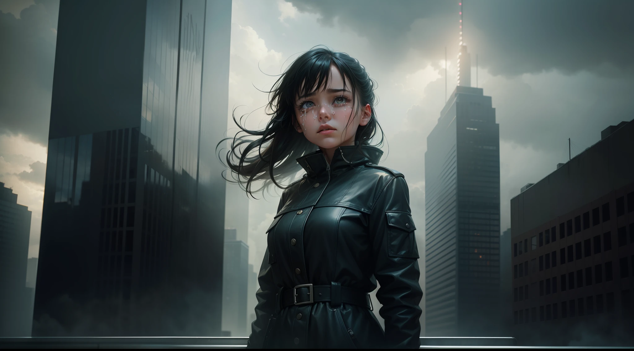 Big vista shooting, a girl with tears on her face standing on the top of a building, jumping off a building, gloomy weather, tall building, looking up, character front, movie lighting, stills, illustration, cinematic art painting