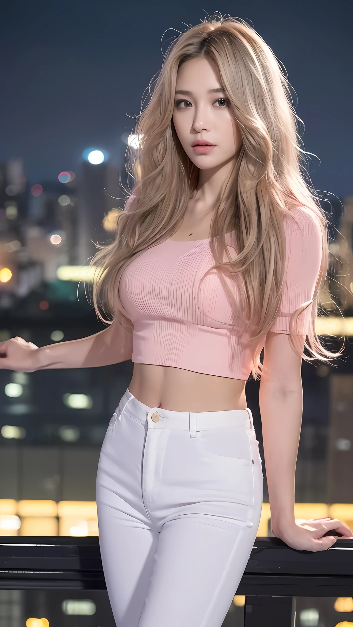 ((Midnight, Best Quality, 8k, Masterpiece :1.3)), Full Body, Long Legs, Sharp Focus :1.2, A Beautiful Woman with Perfect Figure :1.4, Slim Abs :1.1, ((Light Pink Wavy Hair)), (Top Shirt, Low-Waist Pants, Standing), ((Night View of the City)), Highly Detailed Facial and Skin Texture, Detailed Eyes, Double Eyelid