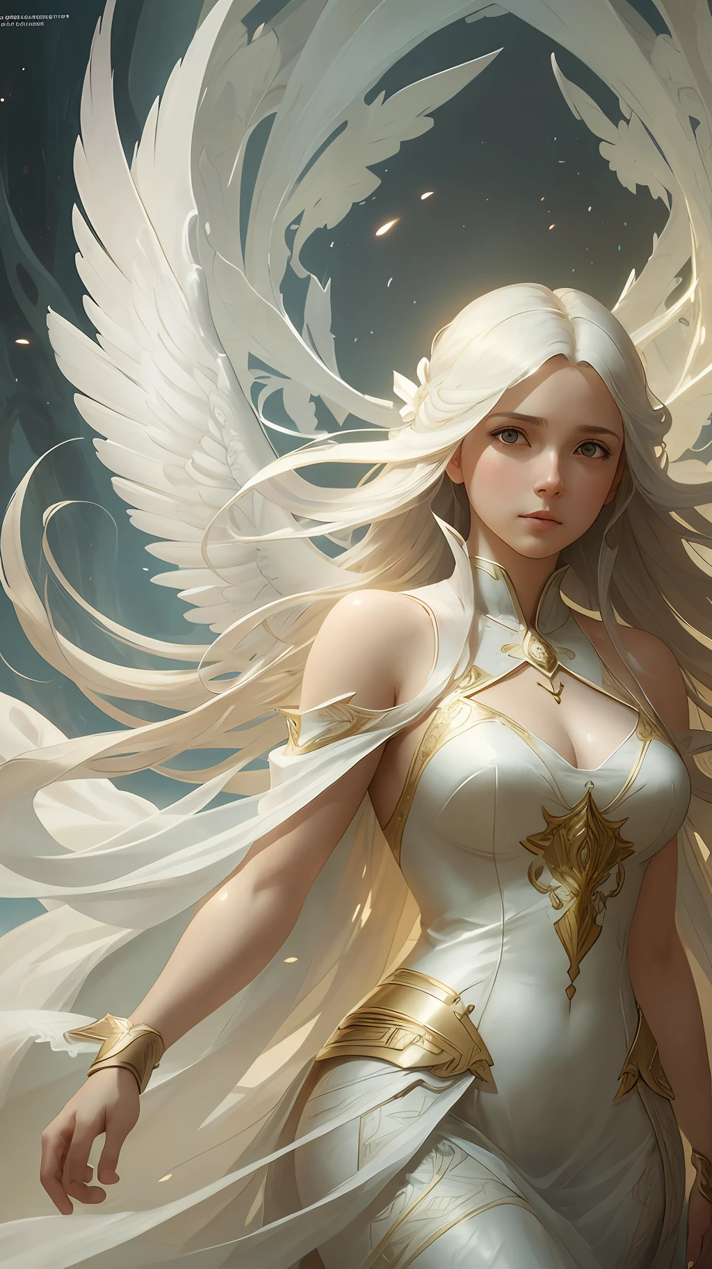 young girl angel, with floating hair, flowing white gown, highly detailed, digital painting, artstation, concept art, smooth, sharp focus, illustration, unreal engine 5, 8k, art by artgerm and greg rutkowski and alphonse mucha --auto --s2