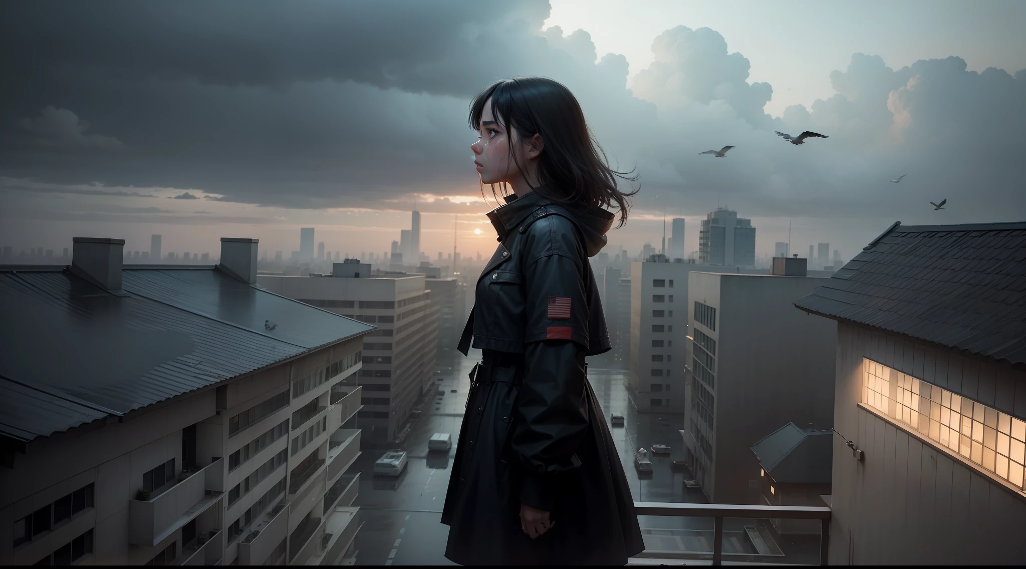 On the rooftop of the building, a girl with tears on her face, standing on the side of the building, looking down at the bird's-eye composition, movie stills, movie lighting, gloomy weather, thirds composition, large panorama, illustrations