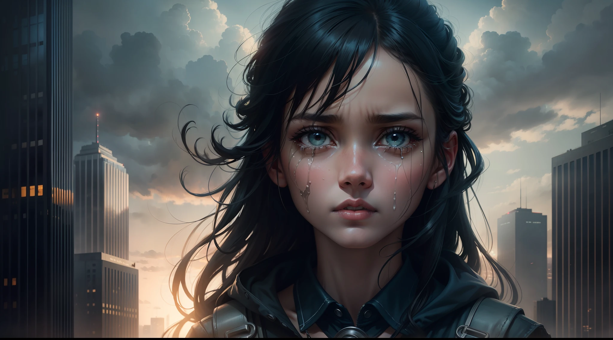Big vista shooting, a girl with tears on her face standing on the top of a building, jumping off a building, gloomy weather, tall building, looking up, character front, movie lighting, stills, illustration, cinematic art painting