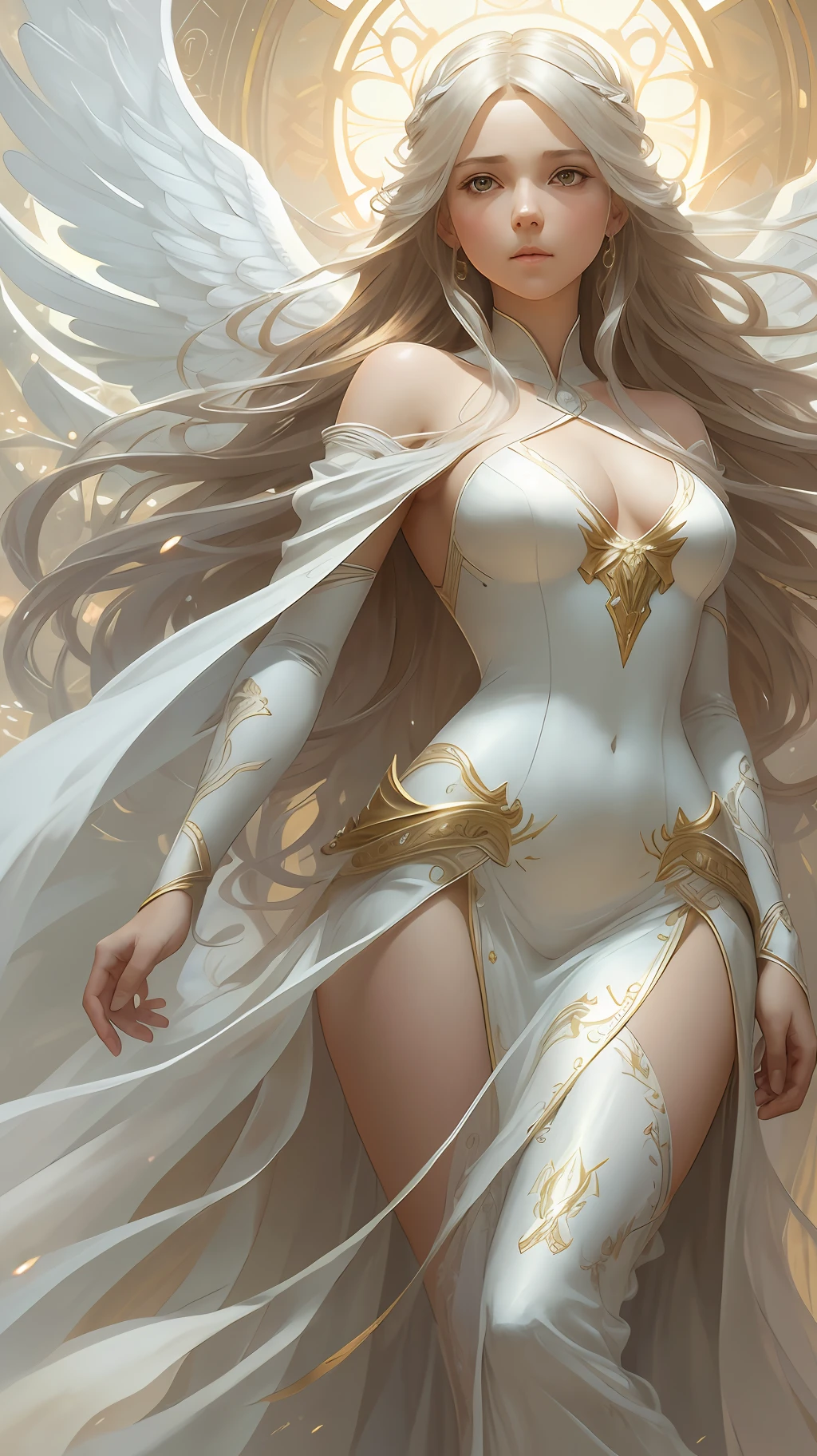 young girl angel, with floating hair, flowing white gown, highly detailed, digital painting, artstation, concept art, smooth, sharp focus, illustration, unreal engine 5, 8k, art by artgerm and greg rutkowski and alphonse mucha --auto --s2