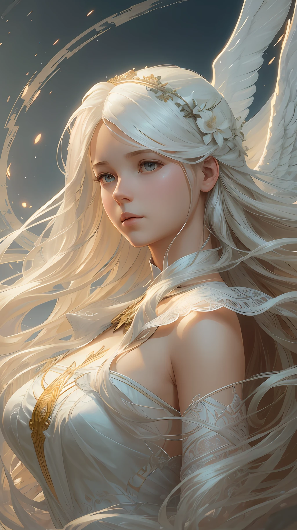 young girl angel, with floating hair, flowing white gown, highly detailed, digital painting, artstation, concept art, smooth, sharp focus, illustration, unreal engine 5, 8k, art by artgerm and greg rutkowski and alphonse mucha --auto --s2