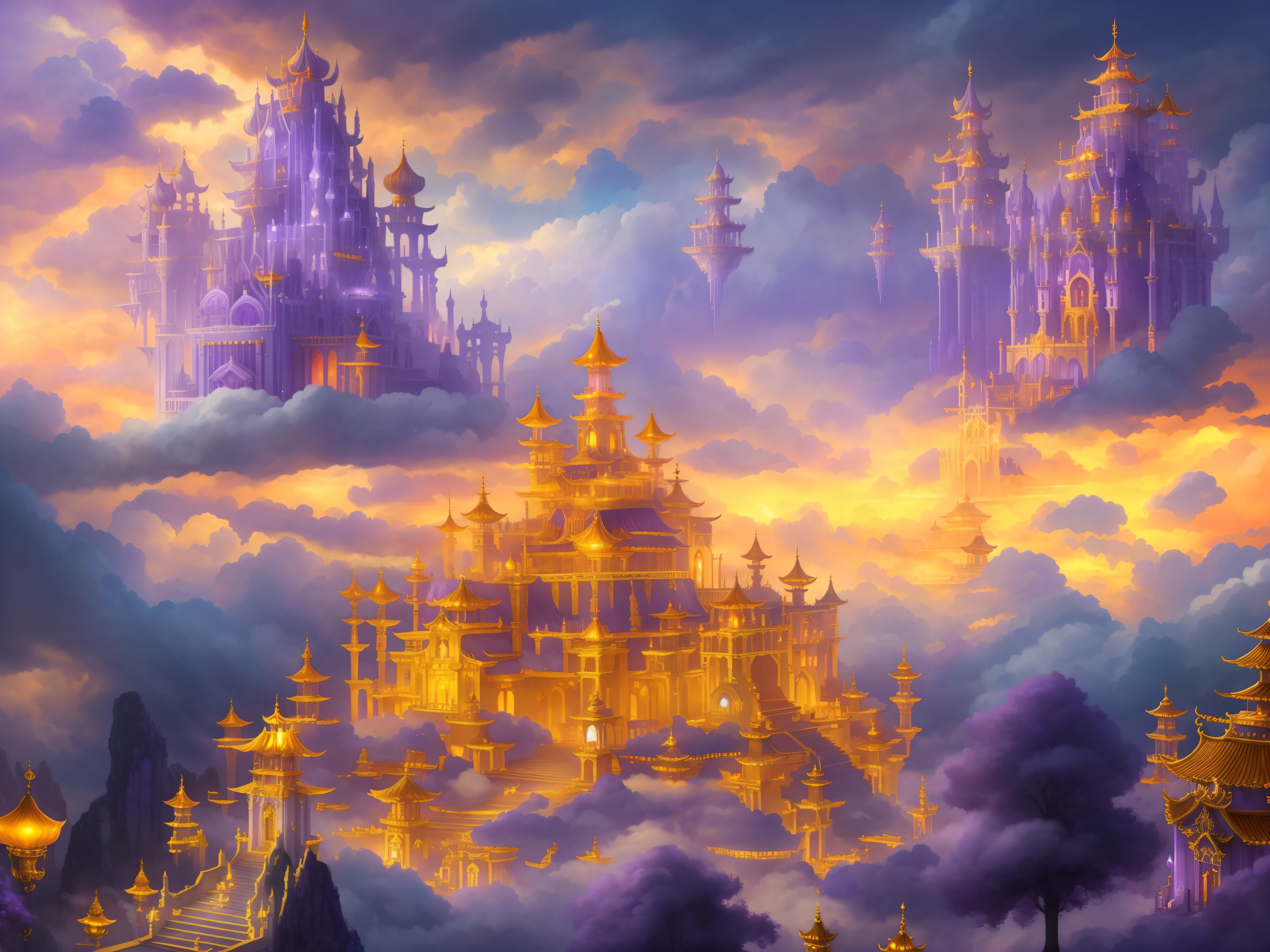 (Heavenly Palace, Wonderland, Mysterious Building), (White Auspicious Clouds, Fairy Fairy, Gorgeous, Tall, Gorgeous, Blingling, Sky Orange-Purple Gradient, Atmosphere Dreamy), ((Flying Fairy, Immortal))