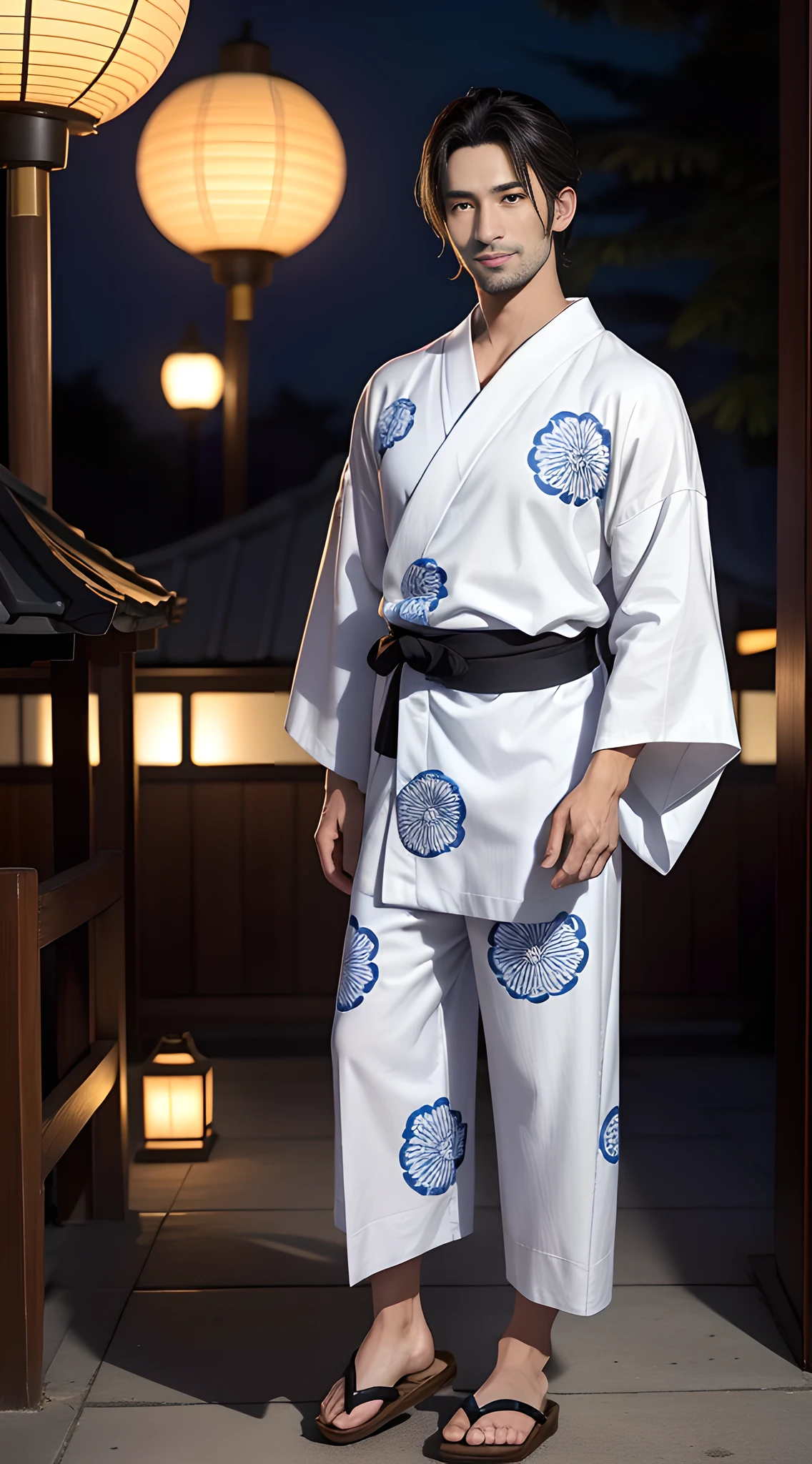 (head shot), (in his 30's of age), one tanned tall handsome muscular man in his 30's, wearing black Japanese YUKATA, A men's yukata is a casual Japanese summer garment. It is typically made of lightweight cotton or linen fabric and has a loose, kimono-style design. The yukata is worn by men for various occasions, such as summer festivals, fireworks displays, or relaxing at traditional hot spring resorts. It features a simple, straight-cut silhouette, with wide sleeves and a wraparound style secured by a narrow belt called an "obi." Men's yukata designs often incorporate traditional patterns, such as stripes, geometric motifs, or nature-inspired prints. When wearing a yukata, men may pair it with geta sandals and complete the look with a simple accessory like a folding fan. The yukata provides a comfortable and stylish option for men to enjoy the summer season in Japan. many fireworks in the background, mischievous smile, (high detail:1 1)、big male genitals under bikini, Natural muscle、highly quality、beautiful eye、(detailed face and eyes)、(faceless:1 2)、noise、real photo、...PSD、sharp focus、high resolution 8k、Realistic and professional photos、8K UHD、soft lighting、highly quality、film grain、Fujifilm XT3
