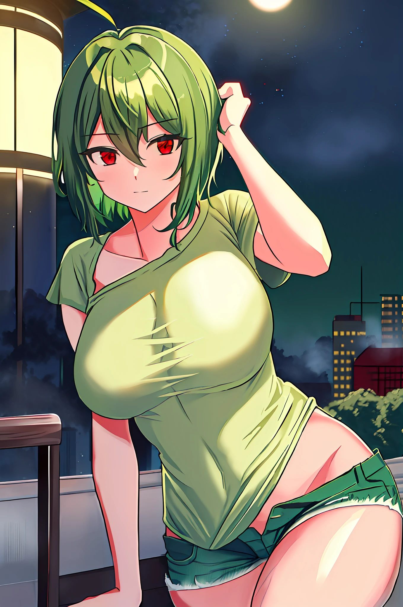 YuukaKazami, red_eyes, green_hair,
((((green t-shirt)))), ((half-jean)), (((night))),high-rise building,