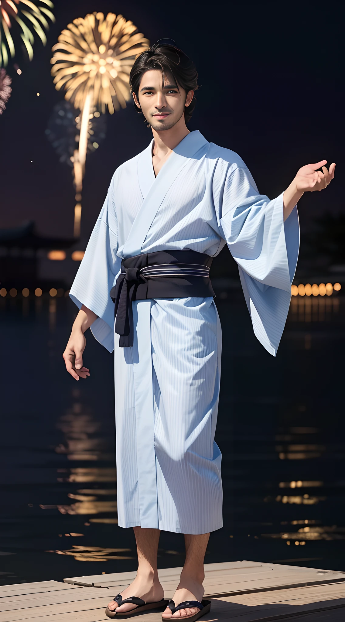 (head shot), (in his 30's of age), one tanned tall handsome muscular man in his 30's, wearing black Japanese YUKATA, A men's yukata is a casual Japanese summer garment. It is typically made of lightweight cotton or linen fabric and has a loose, kimono-style design. The yukata is worn by men for various occasions, such as summer festivals, fireworks displays, or relaxing at traditional hot spring resorts. It features a simple, straight-cut silhouette, with wide sleeves and a wraparound style secured by a narrow belt called an "obi." Men's yukata designs often incorporate traditional patterns, such as stripes, geometric motifs, or nature-inspired prints. When wearing a yukata, men may pair it with geta sandals and complete the look with a simple accessory like a folding fan. The yukata provides a comfortable and stylish option for men to enjoy the summer season in Japan. many fireworks in the background, mischievous smile, (high detail:1 1)、big male genitals under bikini, Natural muscle、highly quality、beautiful eye、(detailed face and eyes)、(faceless:1 2)、noise、real photo、...PSD、sharp focus、high resolution 8k、Realistic and professional photos、8K UHD、soft lighting、highly quality、film grain、Fujifilm XT3