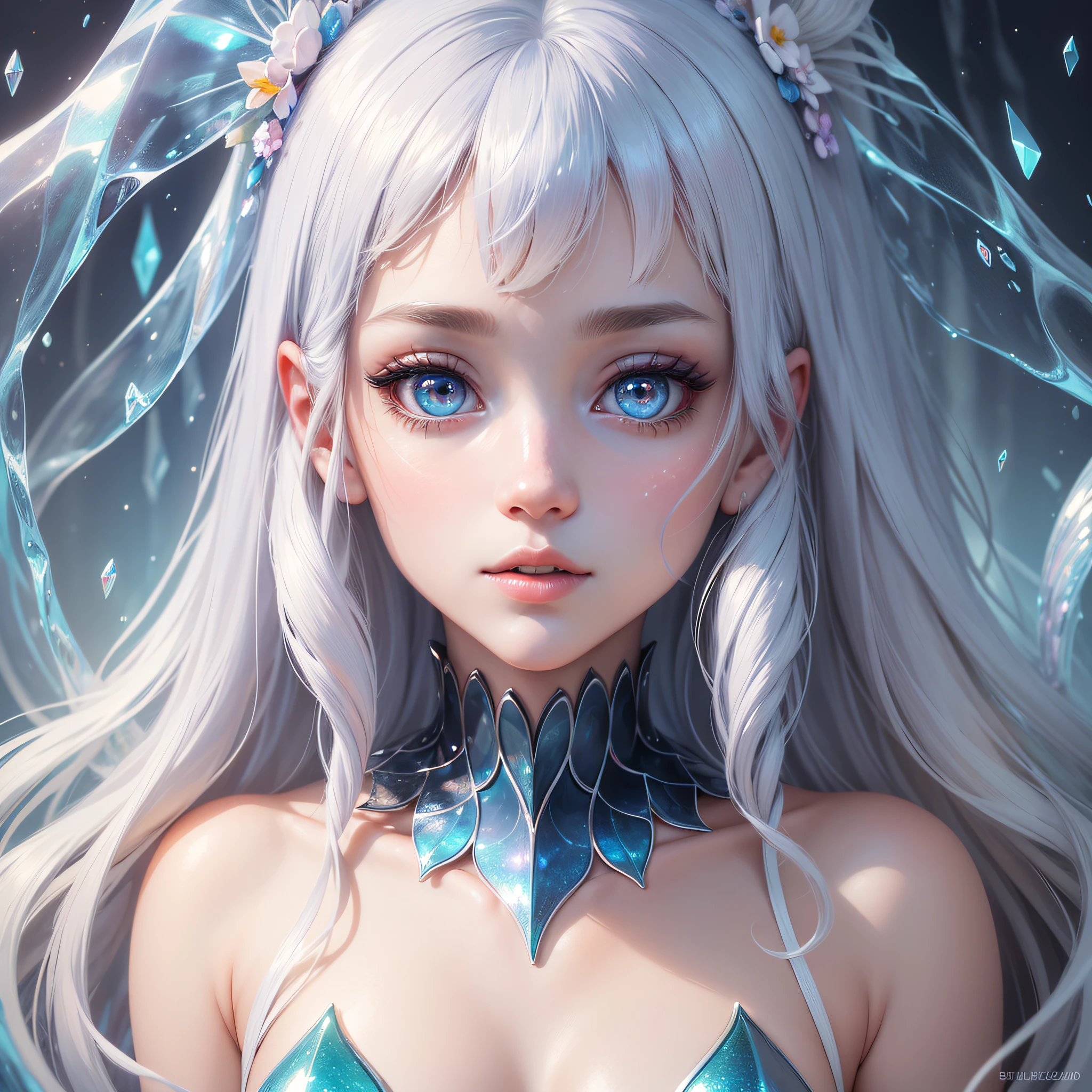 The perfect masterpiece, the highest quality, perfect art, 8K, upper body lens, (front portrait: 1.5), delicate face, close-up face, Mermaid girl, bizarre bright transparent eyes, magical transparent eyes, star eyes, white hair, holographic ghost background, Digital art, flat illustrations, colorful illustration, minimalist style, --auto --s2