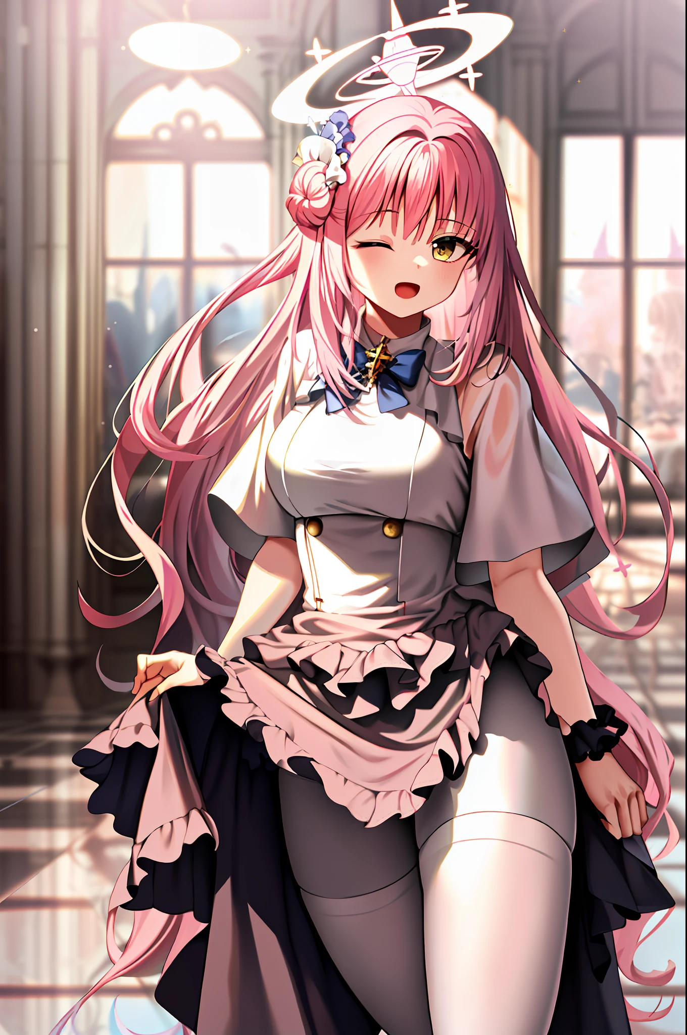 masterpiece, absurdres, highres, official art, 1girl, cowboy shot:1.24, halo, one eye closed, open mouth, angel, pink hair, mika_misono:1.24, very long hair, cute, kawaii, yellow eyes, wide-eyed, indoors, reflective floor, white thighhighs,
