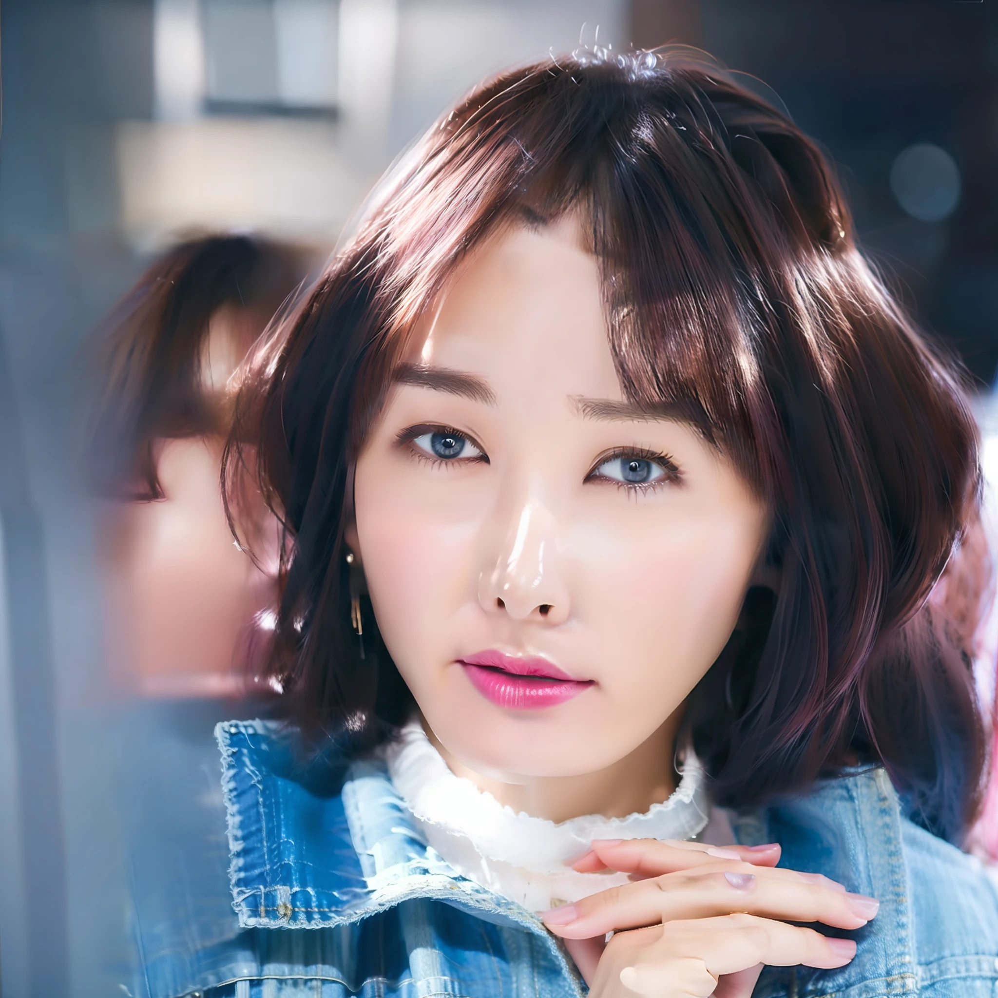 ((Masterpiece, 8K, Best Quality: 1.3)), gakki, short bob hair, pink hair, denim jacket