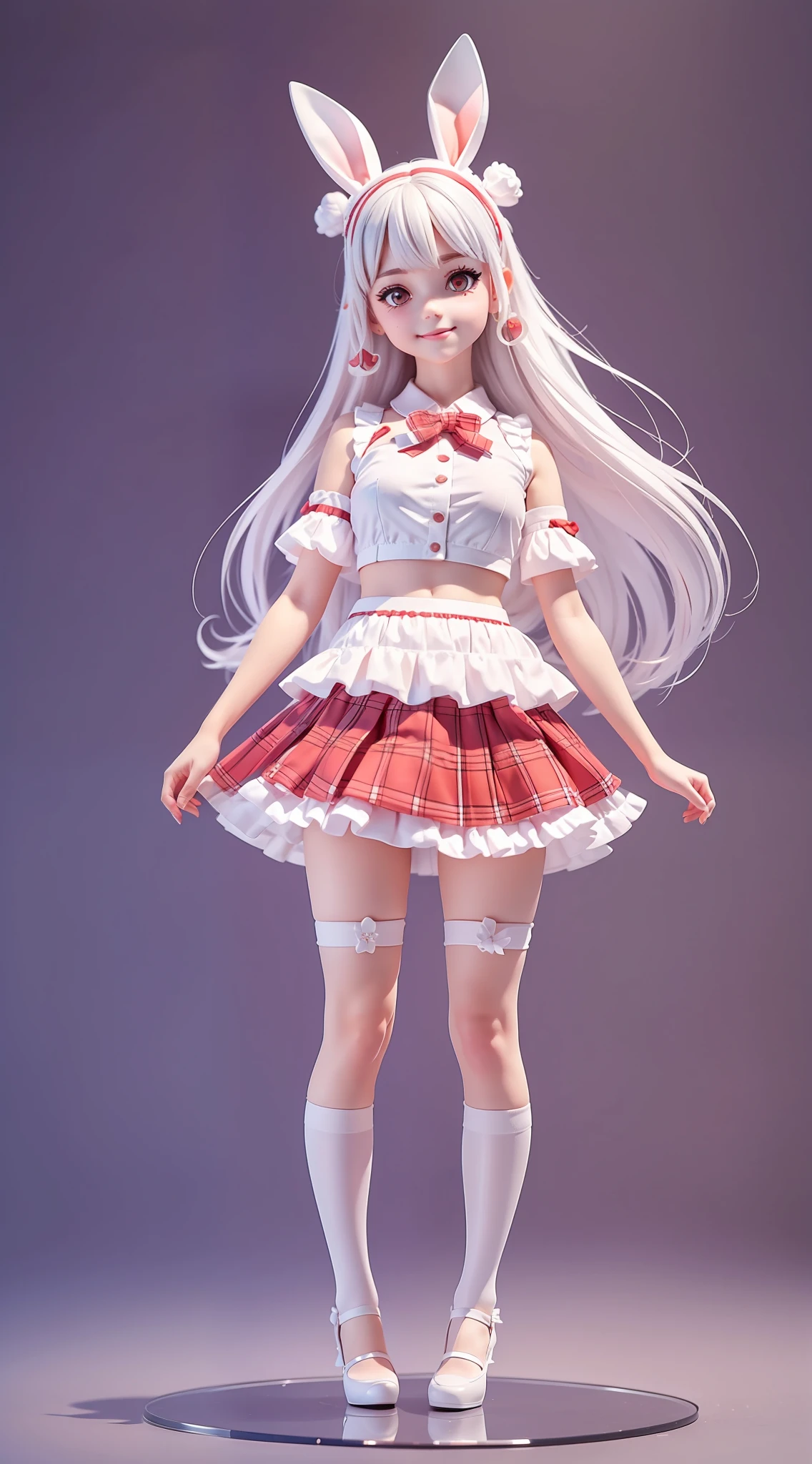 1girl, (anatomically correct), full body, (white shirt:1.1), (plaid skirt: 1.1), school sportswear, white lace skirt, stockings and high heels, broken [white: pink: 0.5] theme, (gradient background: 1.1), long hair, rabbit ear rings, red eyes, smile, delicate headdress, clay texture, blind box toy style, sideways, panorama, (masterpiece: 1.1), (best quality: 1.1)