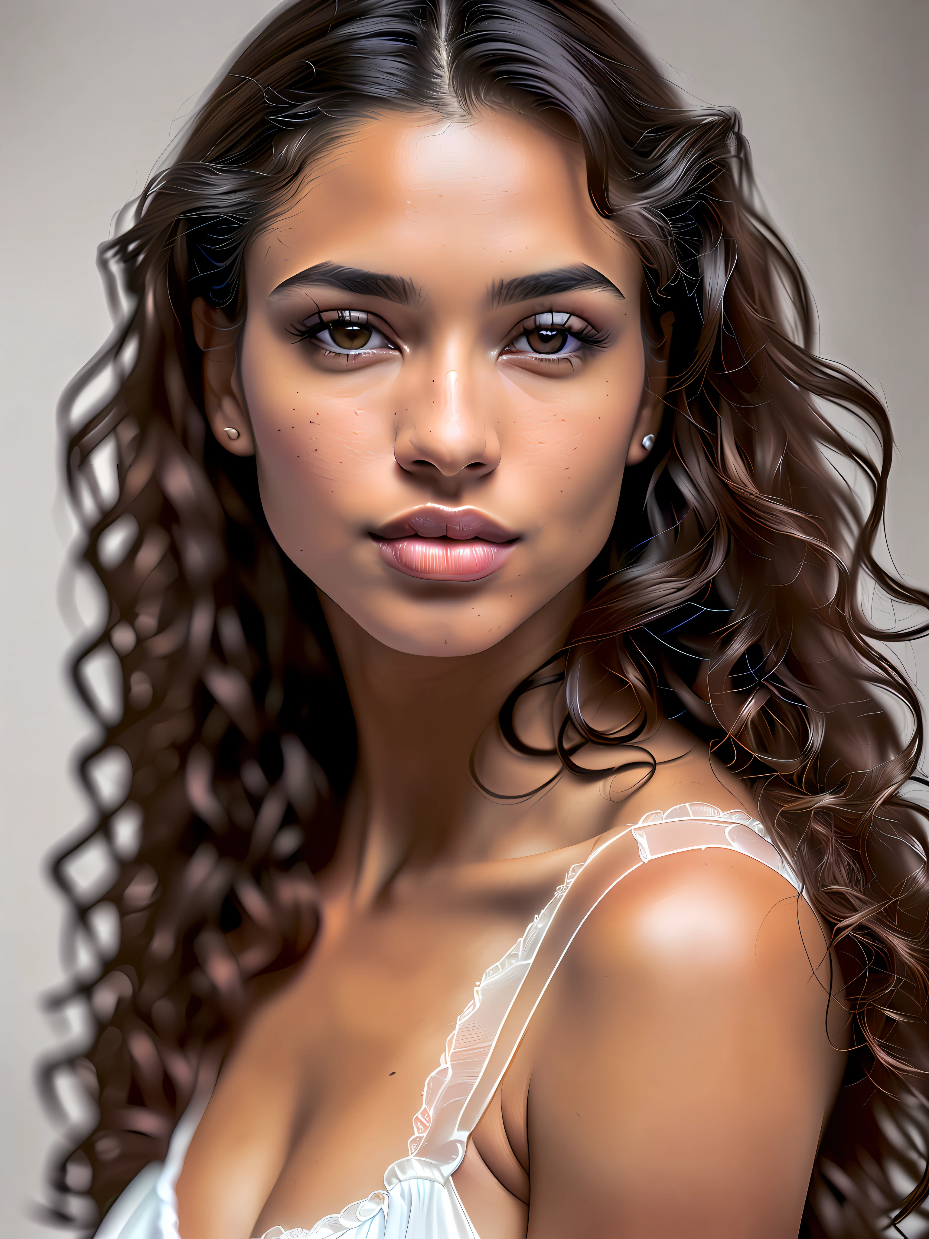 Face portrait of a woman with long dark brown curly hair, light brown skin and detailed seductive eyes, wearing social blouse, in a modern photography studio, best quality masterpiece, photorealistic, detailed, 8k, HDR, shallow depth of field, wide light, high contrast, backlighting, bloom, light glows, chromatic aberration, sharp focus, RAW color photo