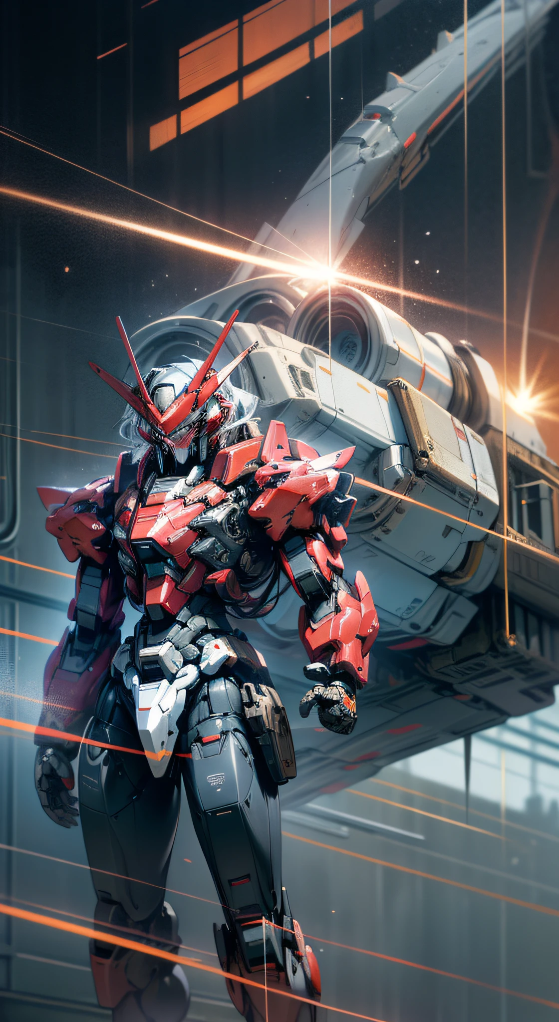 surrealism, ray tracing, realistic, ultra hd, high detail, 32k,red theme, small human, best quality, textured skin, gundam mech, flight, funnel, mech ship, masterpiece, best quality, mecha, unmanned, (full body), (black mech: 1.8), (axisymmetric: 1.4), (HDR), (cinematic light: 1.1), white eyes, cool, science fiction, fire, universe, oversized shield, mecha man overlooking the earth background, laser cannon beam, war, conflict, Weapons in the hand (with huge weapons: 1.5),
