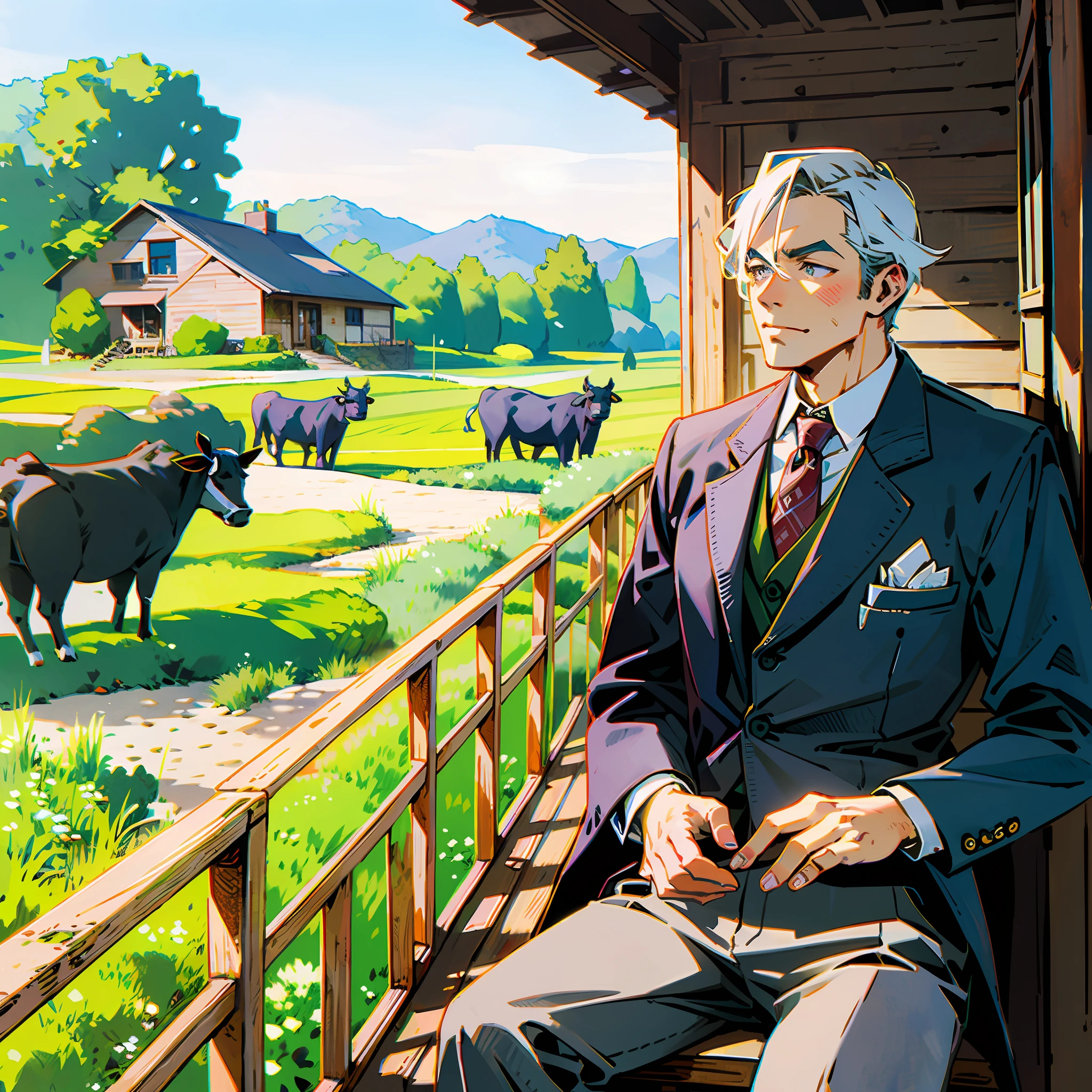 Create a prompt of a gentleman sitting on the porch of a beautiful farmhouse admiring a beautiful landscape and a beautiful cattle --auto --s2