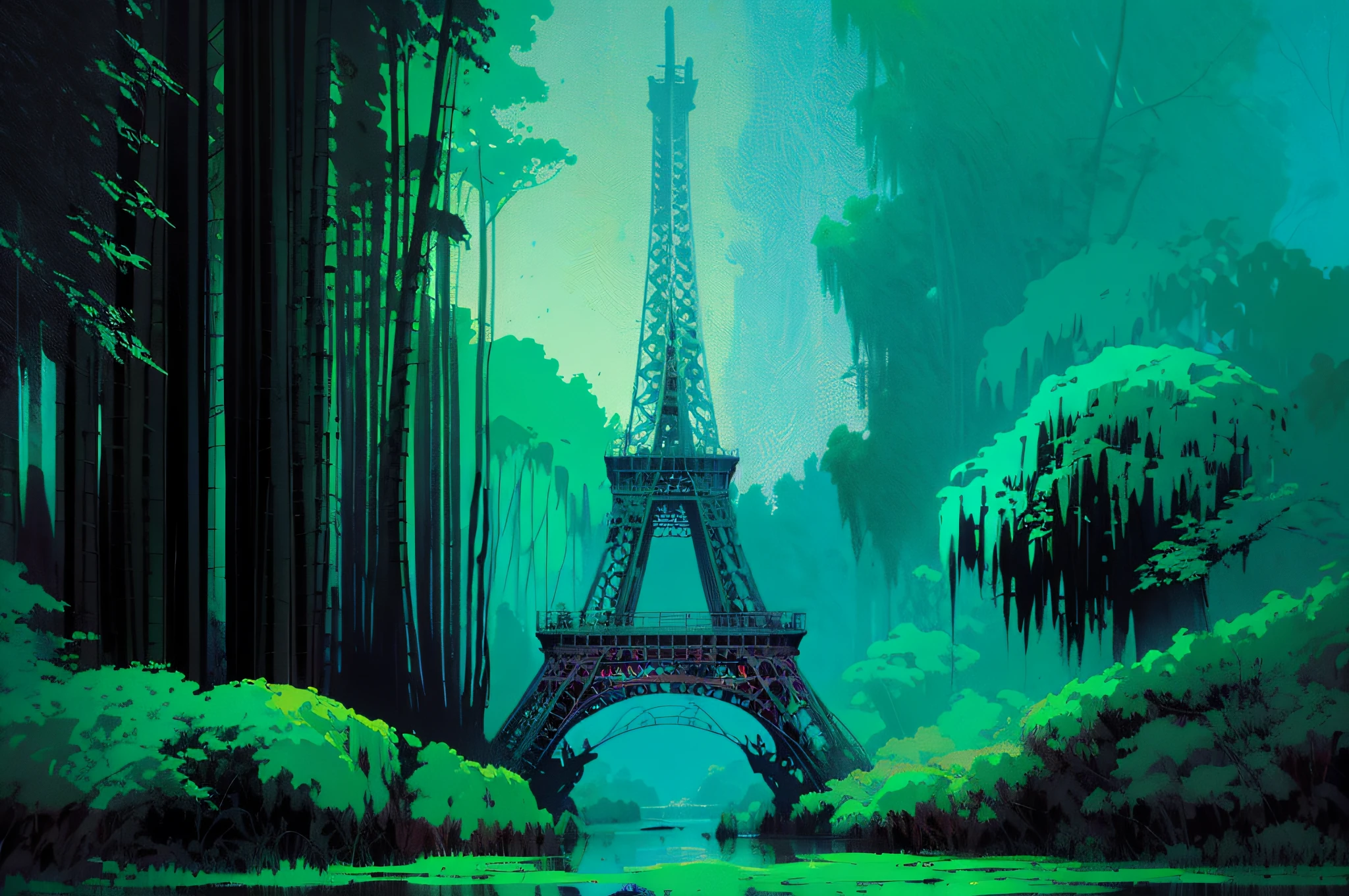 a painting of a swamp with trees and water, concept art by James Gilleard, cgsociety, plein air, concept art, 2d game art, rich color palette