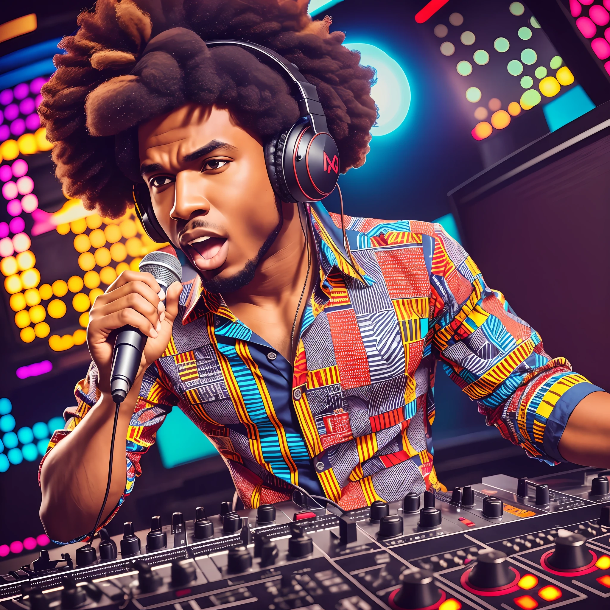 Male DJ, radio station, afro hair, 70's snappy patterned shirt, headphones, big classic microphone, screaming into the mic, song introduction, Let's Go --auto --s2