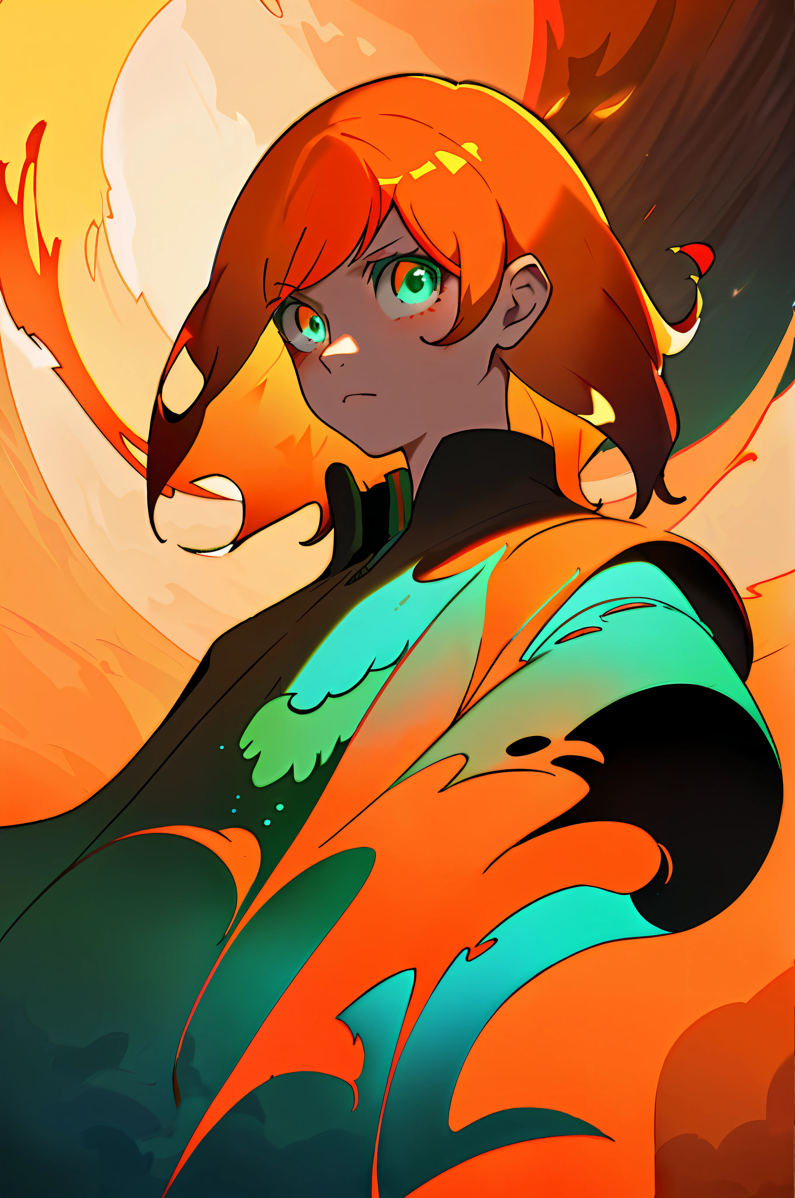 anime girl with red hair and green eyes in front of a sunset, loish |, loish art style, style of duelyst, inspired by Lois van Baarle, demon slayer rui fanart, fiery coloring, lois van baarle and rossdraws, she has fire powers, jen bartel, digital anime illustration, brittney lee, official fanart