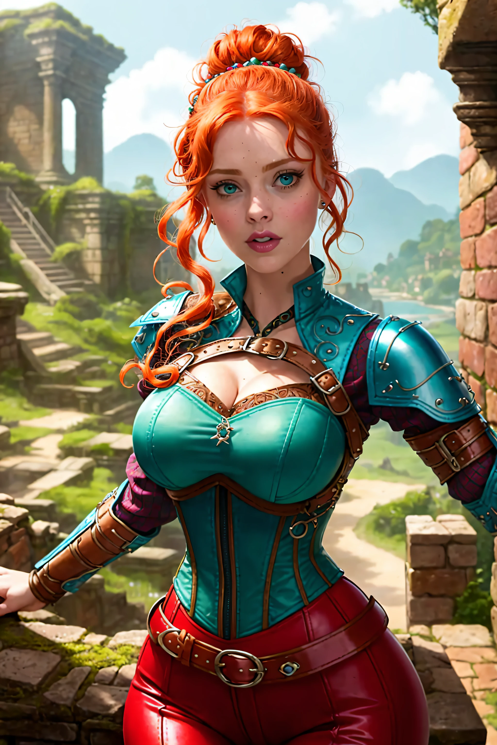 medieval RPG character painting ginger hair upsweep updo swashbuckler rogue corset shirt teal leather pants (straps buckles:1.2) armor indoors overgrown ancient ruins
(masterpiece:1.4) (best quality:1.4) (8k) (HDR) (wallpaper) (cinematic lighting) (sharp focus) (intricate) MaraNobodySD15 Style-Sylvamagic