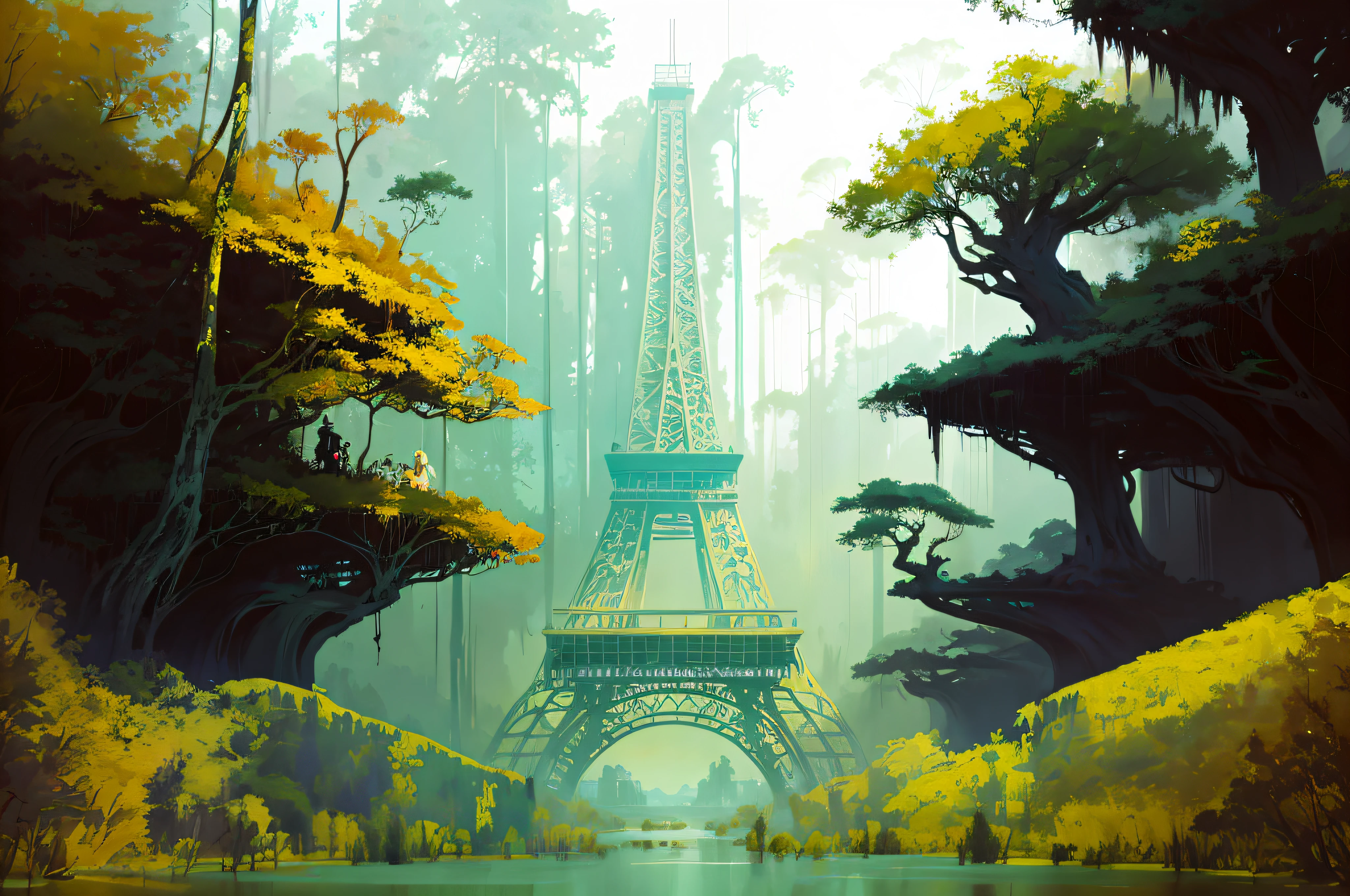 a painting of a swamp with trees and water, concept art by James Gilleard, cgsociety, plein air, concept art, 2d game art, rich color palette
