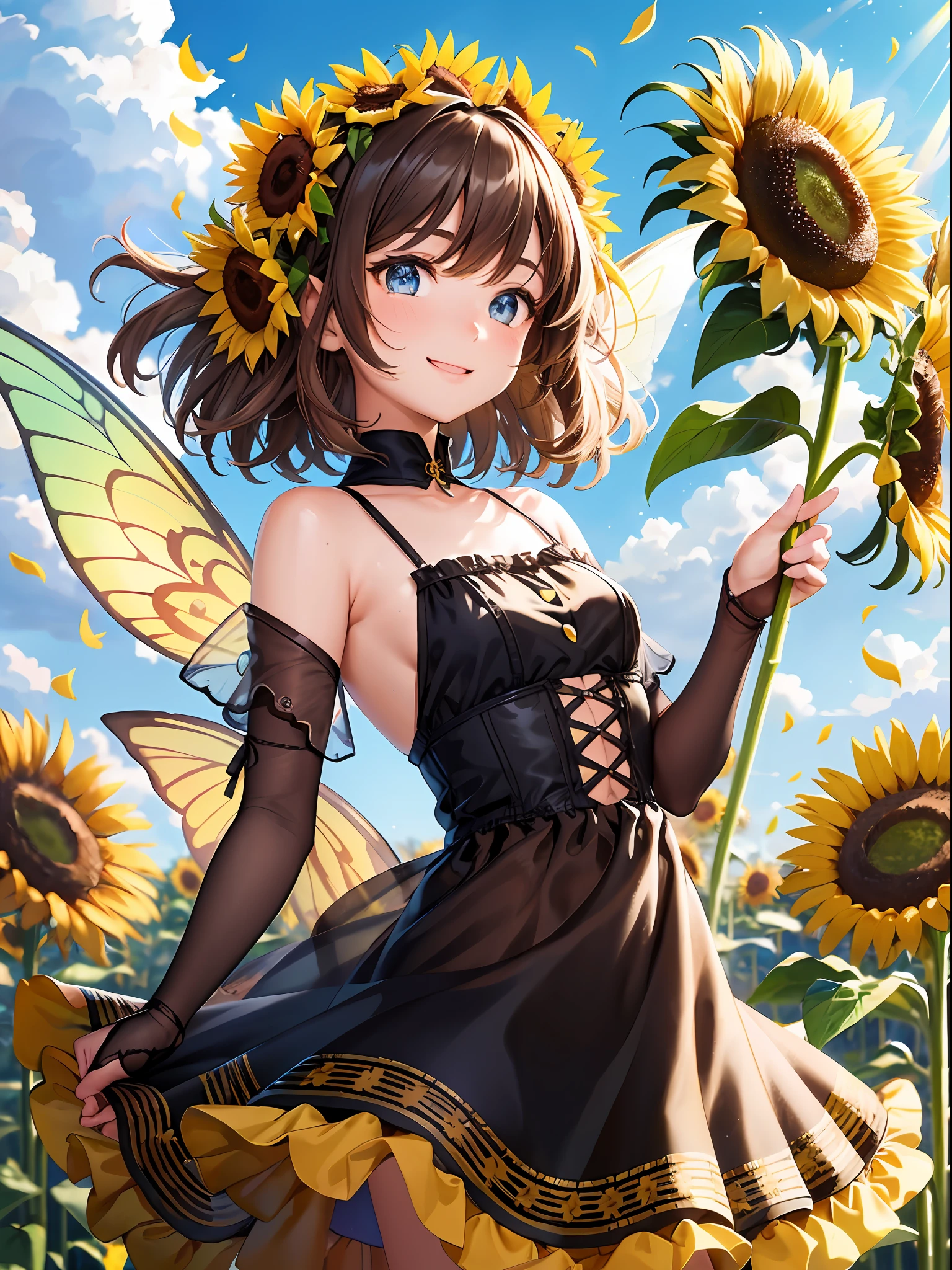 Girl, sunflower fairy, elven ears, fairy wings, beautiful detailed eyes. Eyes mixed with brown and blue. Brown natural permed hair. Short hair to the chin. Sunburn. Black. Brown-burnt skin. Sunflower hair ornament. Tiara. Yellow dress. Fluttering miniskirt. Playing with sunflowers. The depth of field in the photo is perfect, and the lens flare adds a nice touch. Cheerful smile. For this photo the score is definitely over 10. The background is a flower field of sunflowers. Jumping.