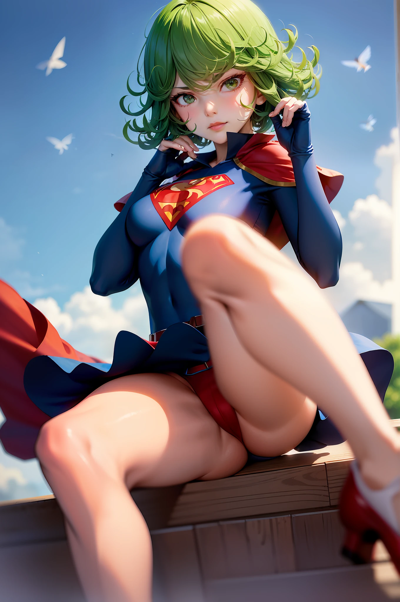 (Masterpiece, Best Quality:1.2), solo, 1girl, tatsumaki, unamused, closed mouth, looking at viewer, hand on our face, sitting, she wears a full Superman suit, a full suit, (red short skirt), a blue-black top, a red cape, Superman, a capital letter on her chest, flying in the air