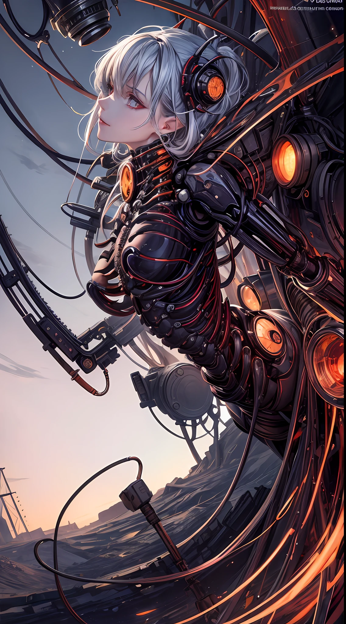 (((Masterpiece))), ((Best Quality)), (Super Detail), (CG Illustration), (Very Evil and Beautiful)), Cinematic Light, ((1 Mechanical Girl)), Single, (Mechanical Art: 1.4), ((Mechanical limb)), (Blood vessel attached to a tube), ((Mechanical spine attached to the back)), ((Mechanical cervical vertebrae attached to the neck), (Back to the viewer)), expressionless, ( Wires and cables attached to the head and body: 1.5), Science Fiction, Apocalypse, Ruins, (Lower Body Integrated with Mechanical Devices), (Blood: 1.5), Cruelty, Absurdity, Eroticism, Fusion with Machines, Doomsday Time, Super Future, Inorganic, Laboratory, Restraint, (Beautiful Indulgence: 1.2), (1 Girl: 1.3), Body Wrapped Around Mechanical Tentacles