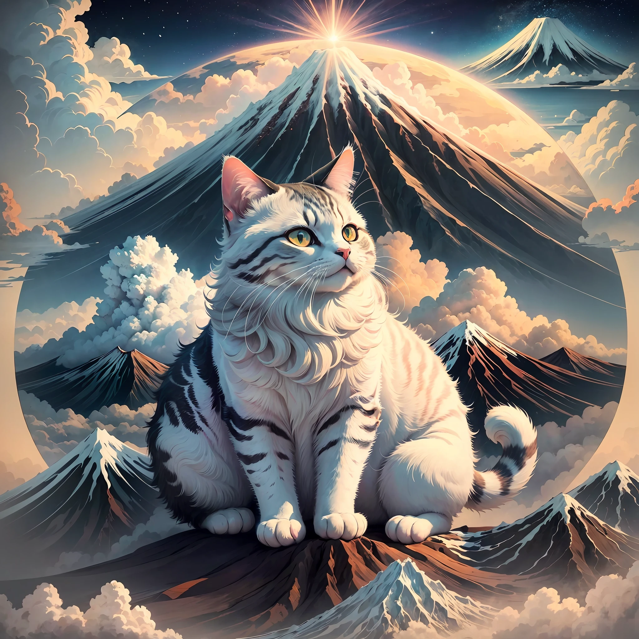 Beckoning cat sitting on clouds with Mt. Fuji in the background, clouds, shining light, sea of clouds, soul, myth, rising sun, rising sun, mt. Fuji, cat, beckoning cat, cute, ukiyo-e --auto --s2