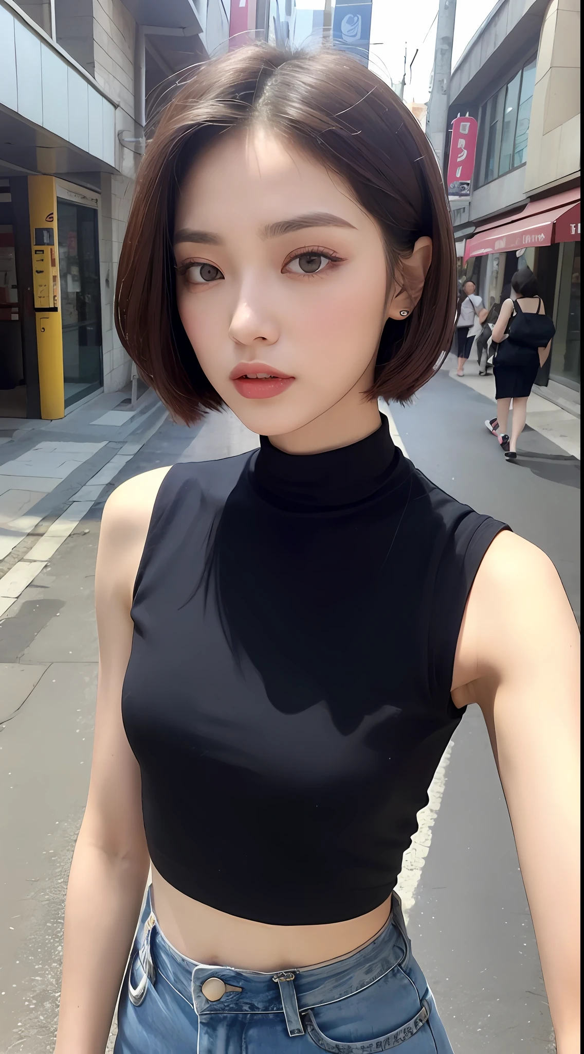 (Top Quality, 16k, Masterpiece: 1.3)), 1 Girl, Sharp Focus: 1.2, Beautiful Woman with Perfect Figure: 1.4, Slender Abs: 1.2, (((Short Bob Hair)), ((Small: 1.4)), ((Beautiful Face Idol: 1.3)), ((Pink Sleeveless 1.5)), Highly Detailed Face and Skin Texture, Detailed Eyes, Double Eyelids, (((Pause)), (Seductive)), Walking Street, modern urban building