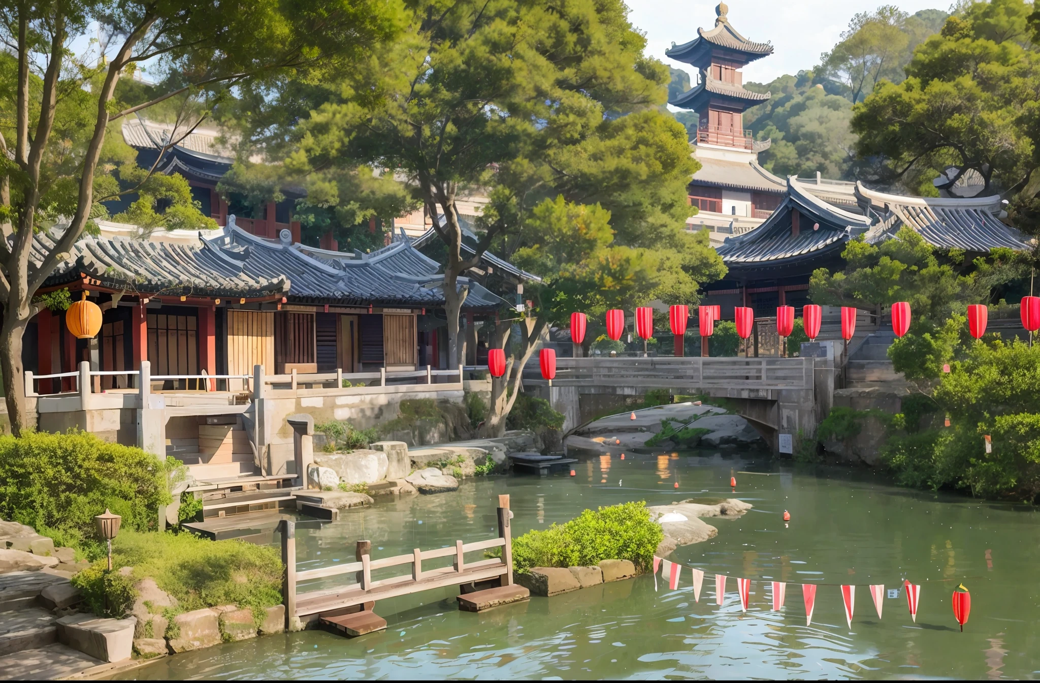 picture，photorealistic,Traditional southern Chinese town,living antique，song dynasty,tiled roof,light mortar wall,pier, wide masonry steps along the river bank ,wooden boat, Chinese bricks tower,piece of long blue flags and string of lanterns hung on high flagpoles, spring, tree, reflection, clear river clear water,dusk,船夫，行人，牌坊