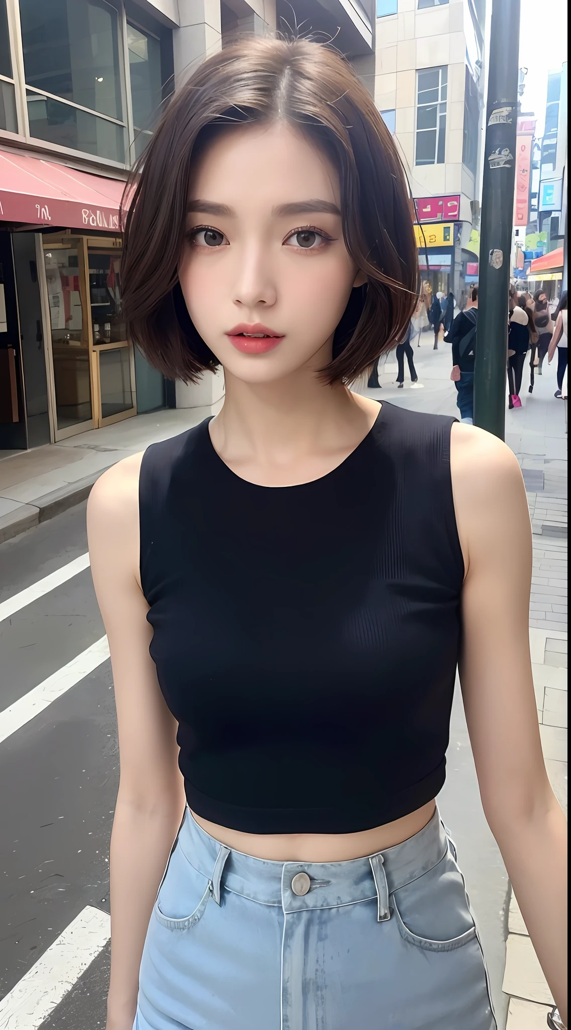 (Top Quality, 16k, Masterpiece: 1.3)), 1 Girl, Sharp Focus: 1.2, Beautiful Woman with Perfect Figure: 1.4, Slender Abs: 1.2, (((Short Bob Hair)), ((Small: 1.4)), ((Beautiful Face Idol: 1.3)), ((Pink Sleeveless 1.5)), Highly Detailed Face and Skin Texture, Detailed Eyes, Double Eyelids, (((Pause)), (Seductive)), Walking Street, modern urban building