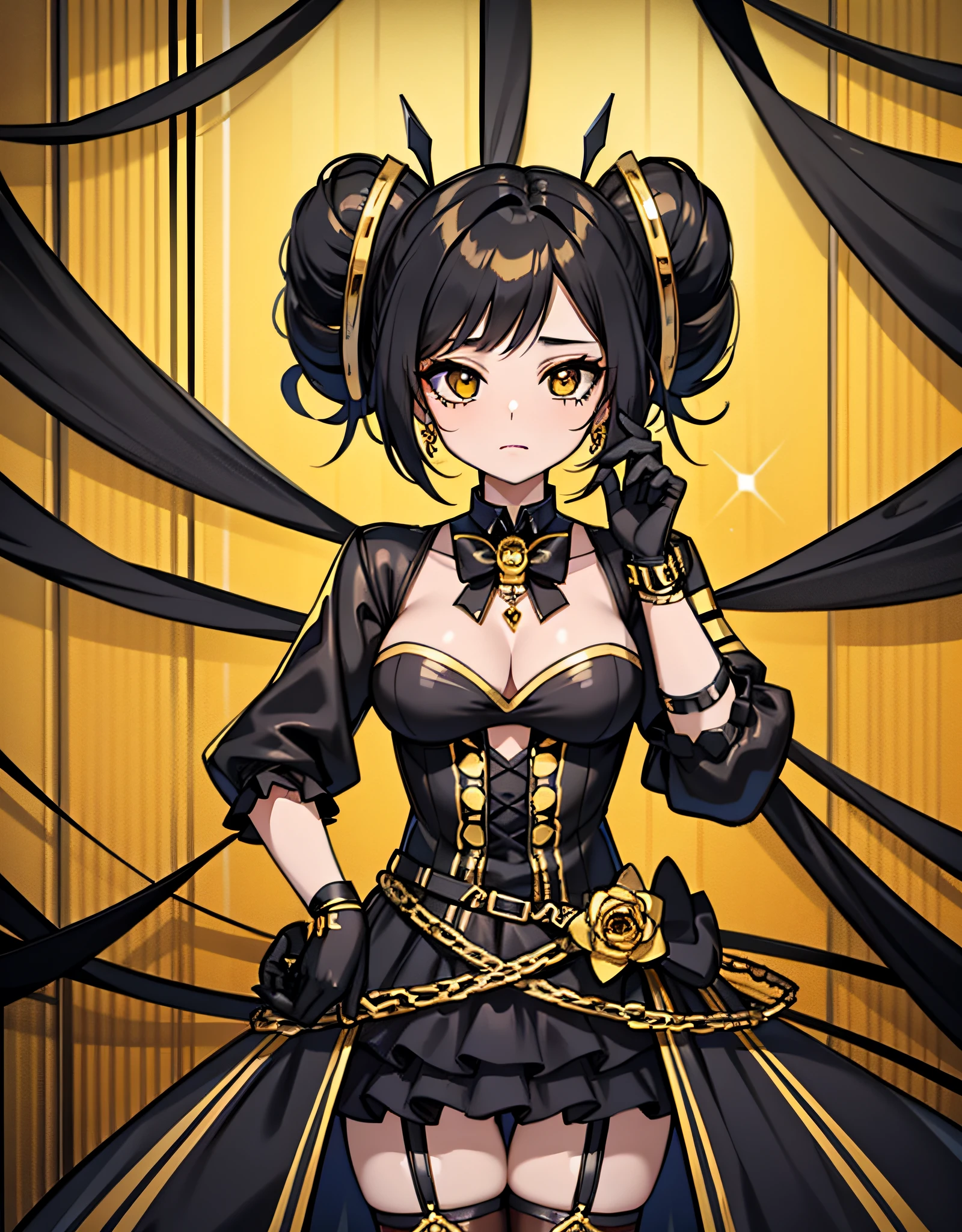 Bumblebee, female, fuzzy black and gold hair, bee antennae, transparent bee wings, adorable black and gold clothing, masterpiece, best quality, ((In Dollpunk style))