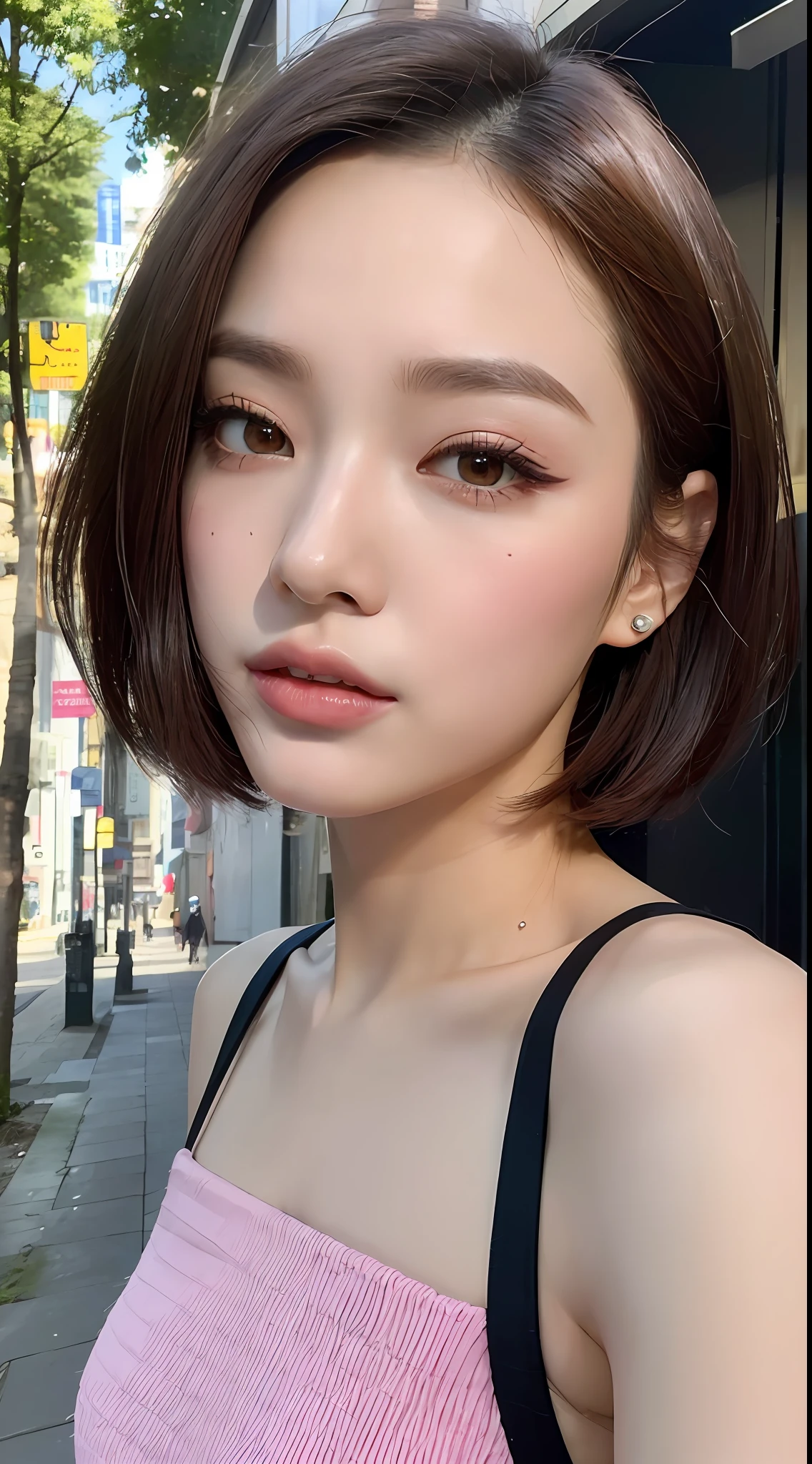 (Top Quality, 16k, Masterpiece: 1.3)), 1 Girl, Sharp Focus: 1.2, Beautiful Woman with Perfect Figure: 1.4, Slender Abs: 1.2, (((Short Bob Hair)), ((Small: 1.4)), ((Beautiful Face Idol: 1.3)), ((Pink Sleeveless 1.5)), Highly Detailed Face and Skin Texture, Detailed Eyes, Double Eyelids, (((Pause)), (Seductive)), Walking Street, modern urban building