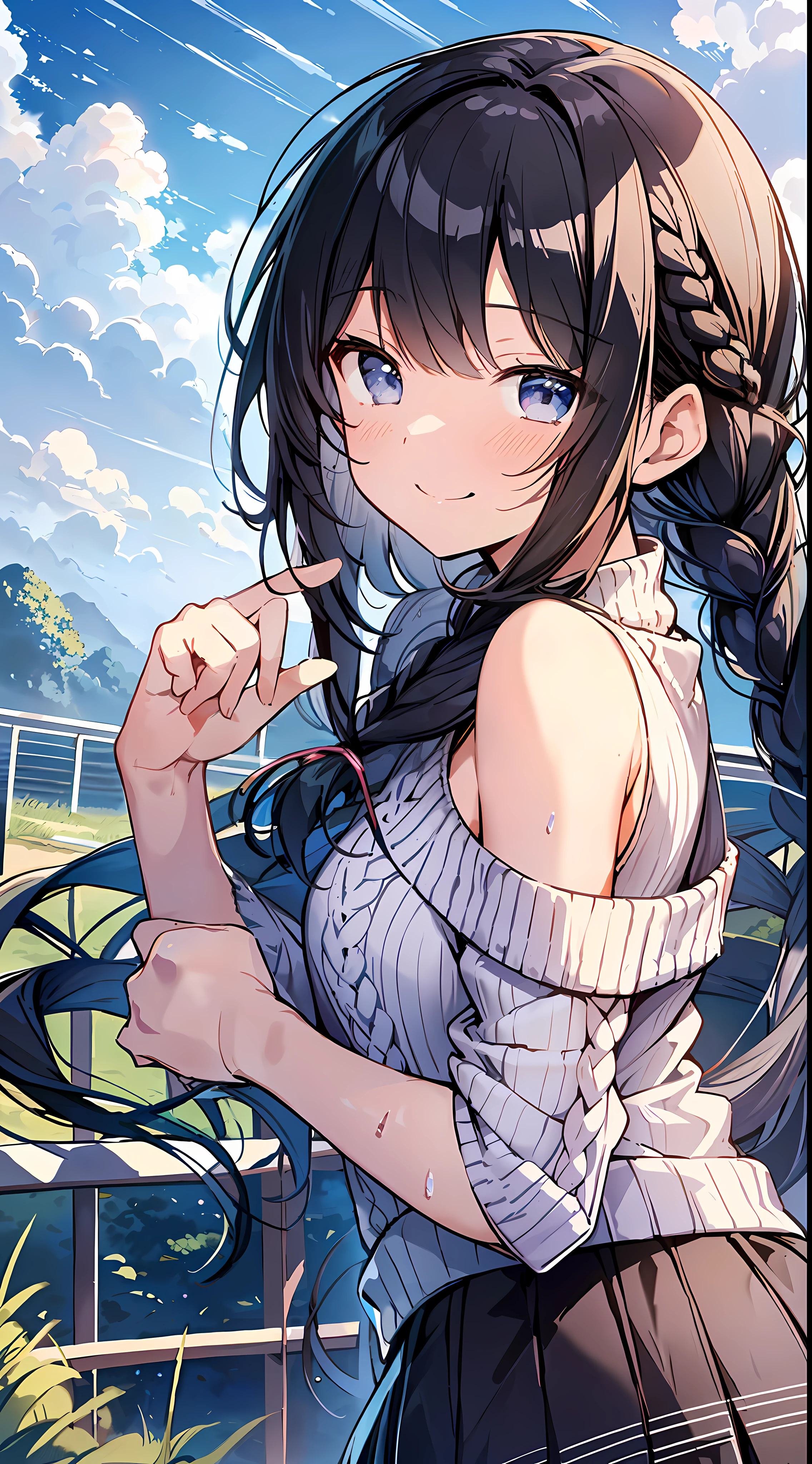 Top Quality, Masterpiece, Ultra High Definition, 8K, Summer Sky, Early Summer, (((Knitted Sweater + Wide Skirt + Sneakers)), Shojo Manga Style , One, Soft Line Art, Digital Enhancement, Shojo Manga Touch, Shojo Manga Core, Flowing Fabric, Close Up, (Shoulder Length and Short Braid)), Wet Hair, Staring at us from the front, Soft Drawing, Beautiful Black Hair, clear eyes, ((teasing smile)), ultra-detailed digital anime art, clear face depiction, ultra-detailed shoujo manga character art, ultra-detailed manga style, top quality colors, hand gestures, landscape with nature, looking up at the sky, angle that can be seen up to the feet