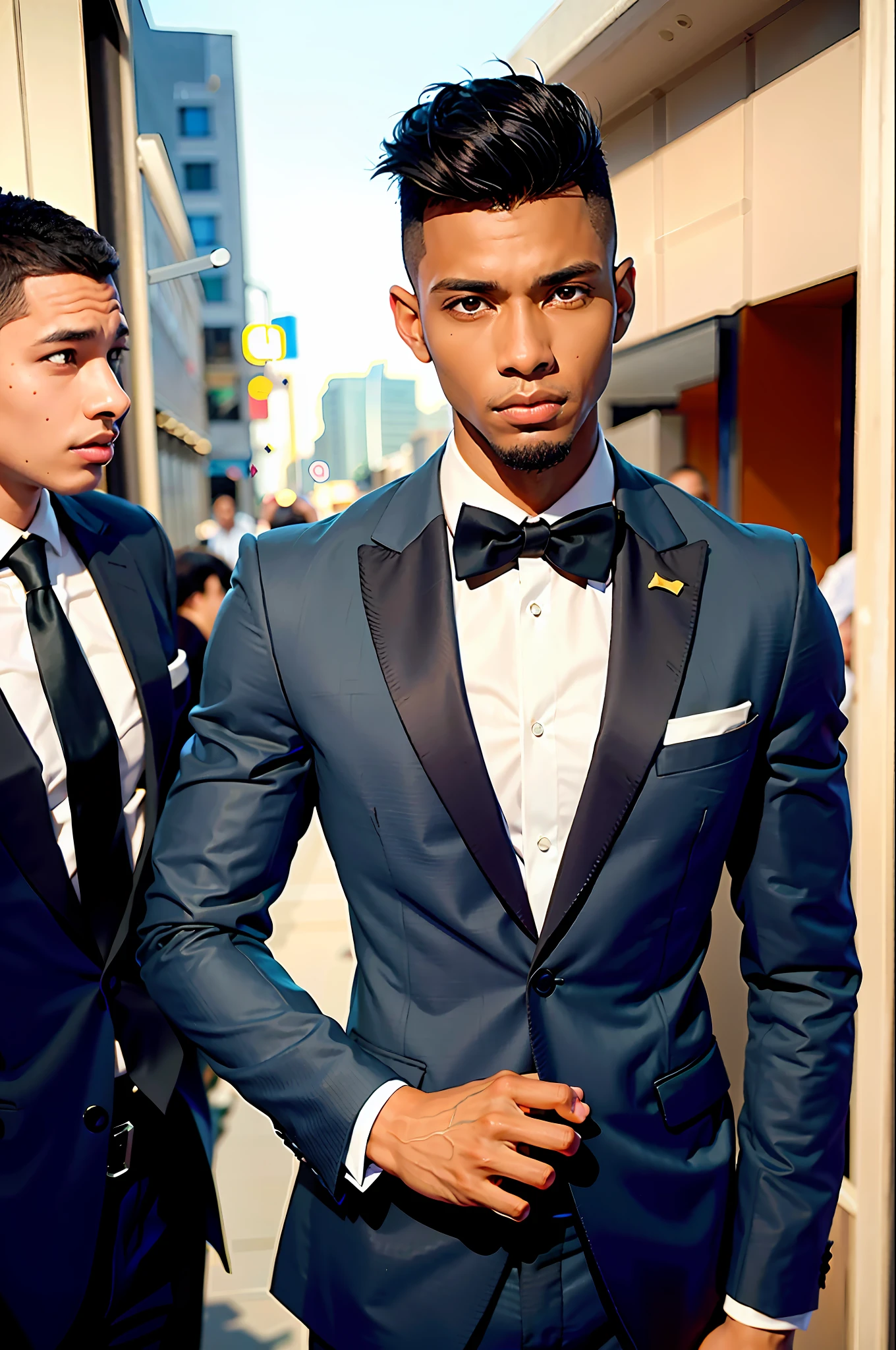 1boy, black Brazilian male, (male:1.5), grey eyes, slender eyes, (very short hair:1.3), under_cut, Pompadour, ((formal)), ((suit)), ((handsome, sharp, wild facial features,))), (robust muscular body), (robust physique),
SFW, outdoor, detailed background, modern metropolis,
