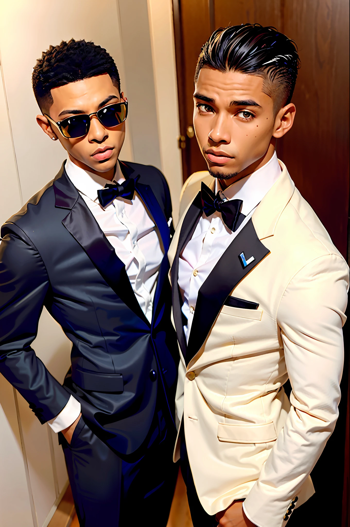 1boy, black Brazilian male, (male:1.5), grey eyes, slender eyes, (very short hair:1.3), under_cut, Pompadour, ((formal)), ((suit)), ((handsome, sharp, wild facial features,))), (robust muscular body), (robust physique),
SFW, outdoor, detailed background, modern metropolis,