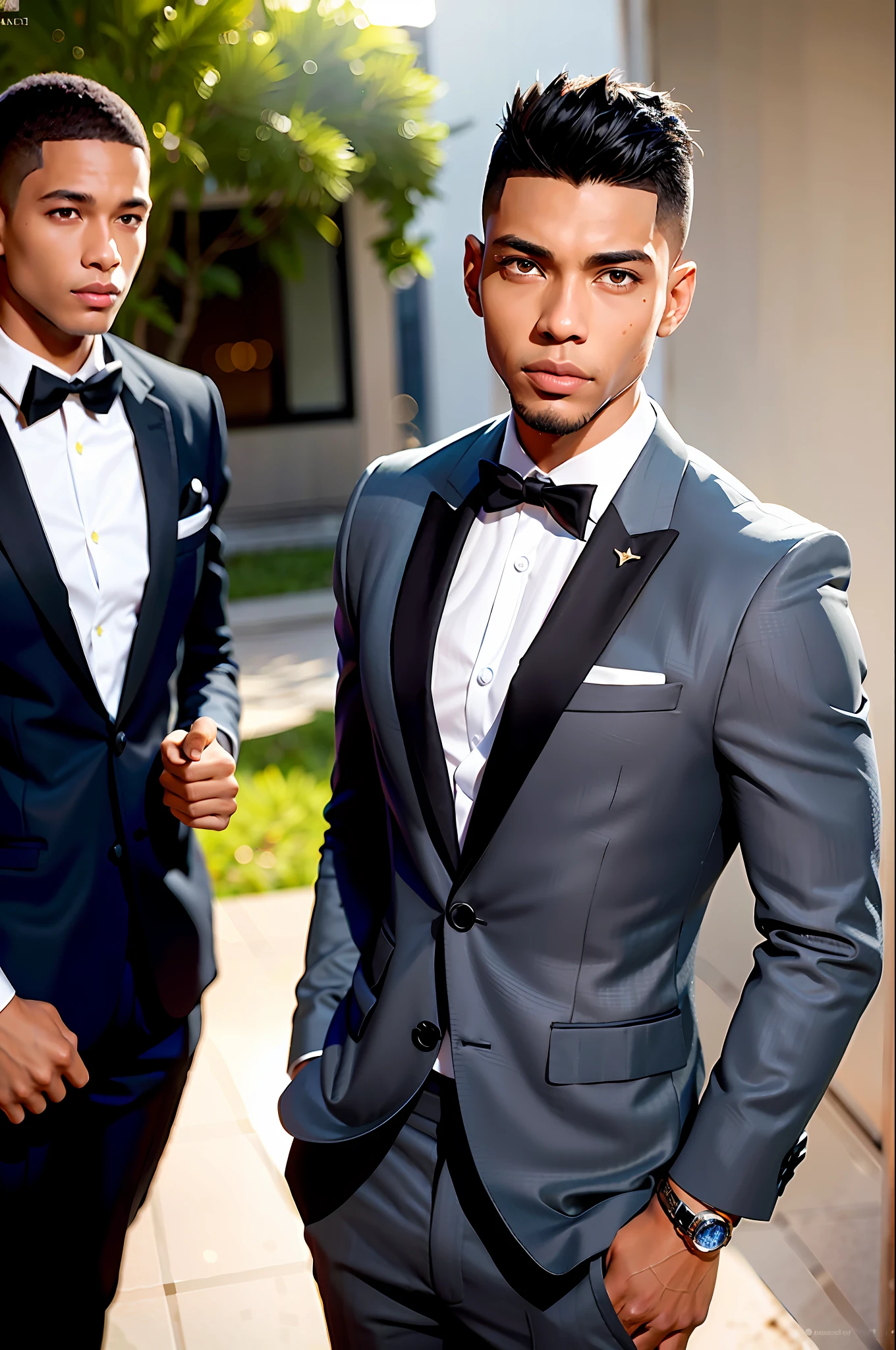 1boy, black Brazilian male, (male:1.5), grey eyes, slender eyes, (very short hair:1.3), under_cut, Pompadour, ((formal)), ((suit)), ((handsome, sharp, wild facial features,))), (robust muscular body), (robust physique),
SFW, outdoor, detailed background, modern metropolis,